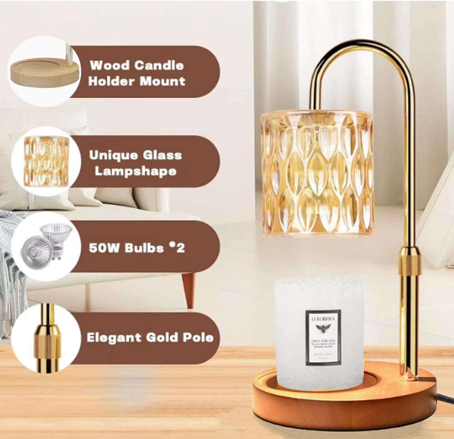 Dimmable Candle Warmer Lamp with Timer, Height Adjustable Electric Wax Warmer for Home Decoration with Top down Light Heat Melting for Any Size Jar Candles image number 4