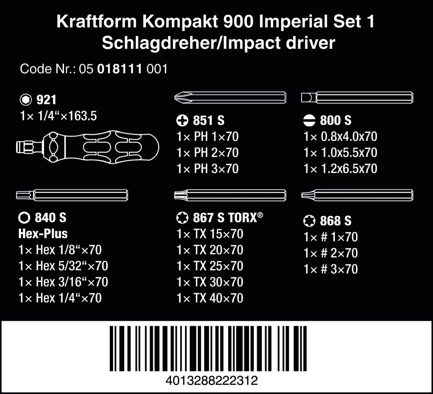 Wera 018111 Kraftform Kompakt 900 Imperial Set 1, 19 Pieces image number 6