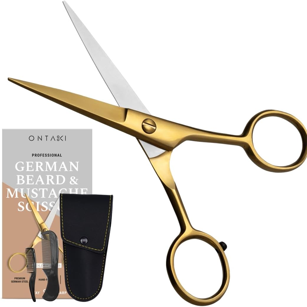ONTAKI 5" Beard Moustache Scissors Professional German Steel 2 Comb Carrying Pouch Mustache Trimming - Hand Forged Bevel Edge Precision Men Facial Hair Grooming Kit All Body Hair (Golden Brass) image number 4
