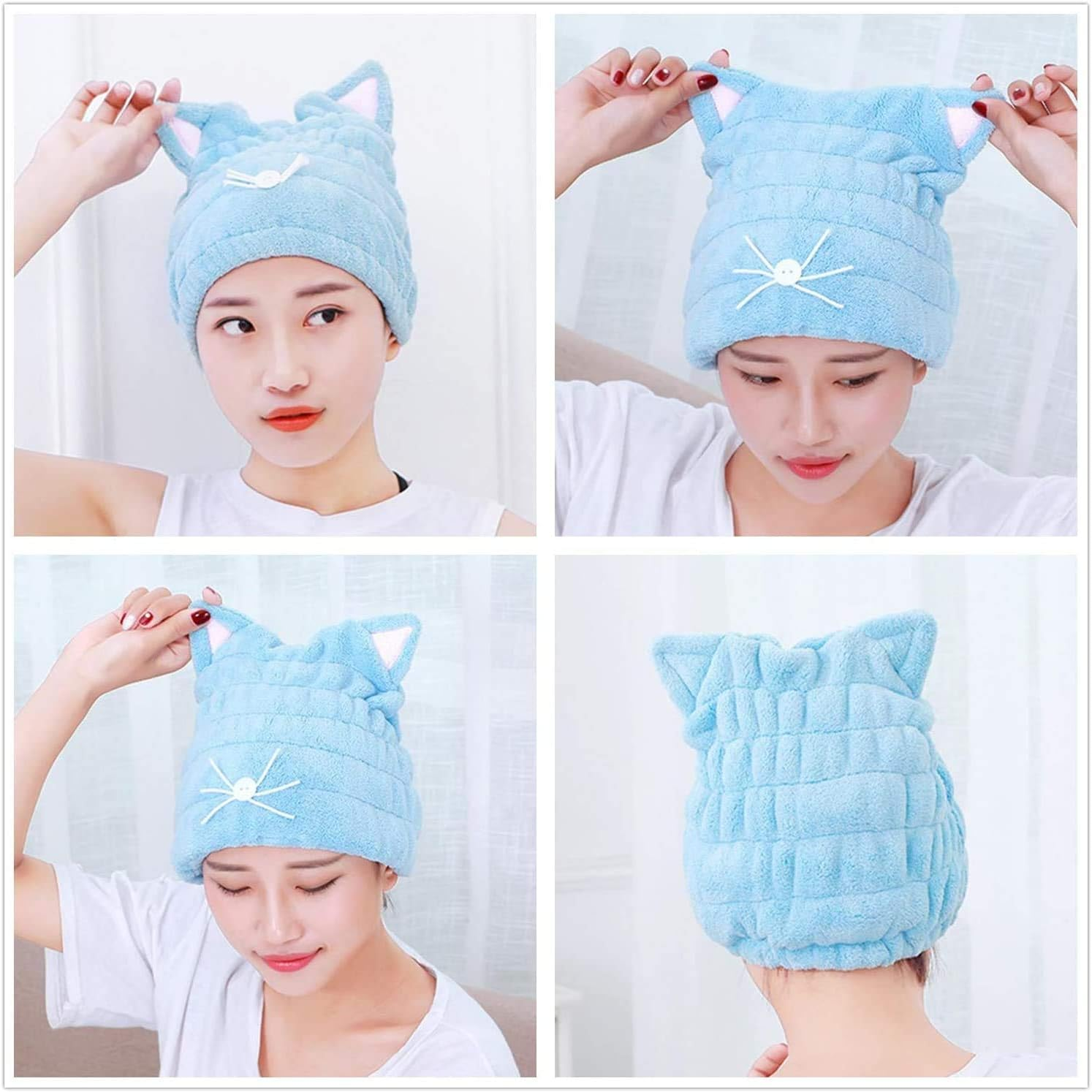 CENZICOM Hair Drying Towels, Cute Bath Towel Wrap, Quick Drying Bath Cap for Women & Girls,Set of 2（Blue+Pink） image number 1