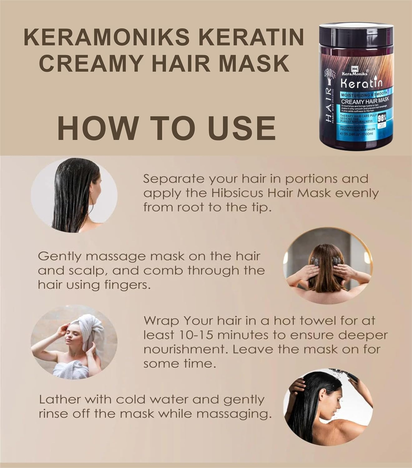 Keramoniks Professional Keratin Hair Mask 1000Ml - for Intense Damaged Hair Repair - like Salon Spa - for Dry & Damaged Hair image number 4