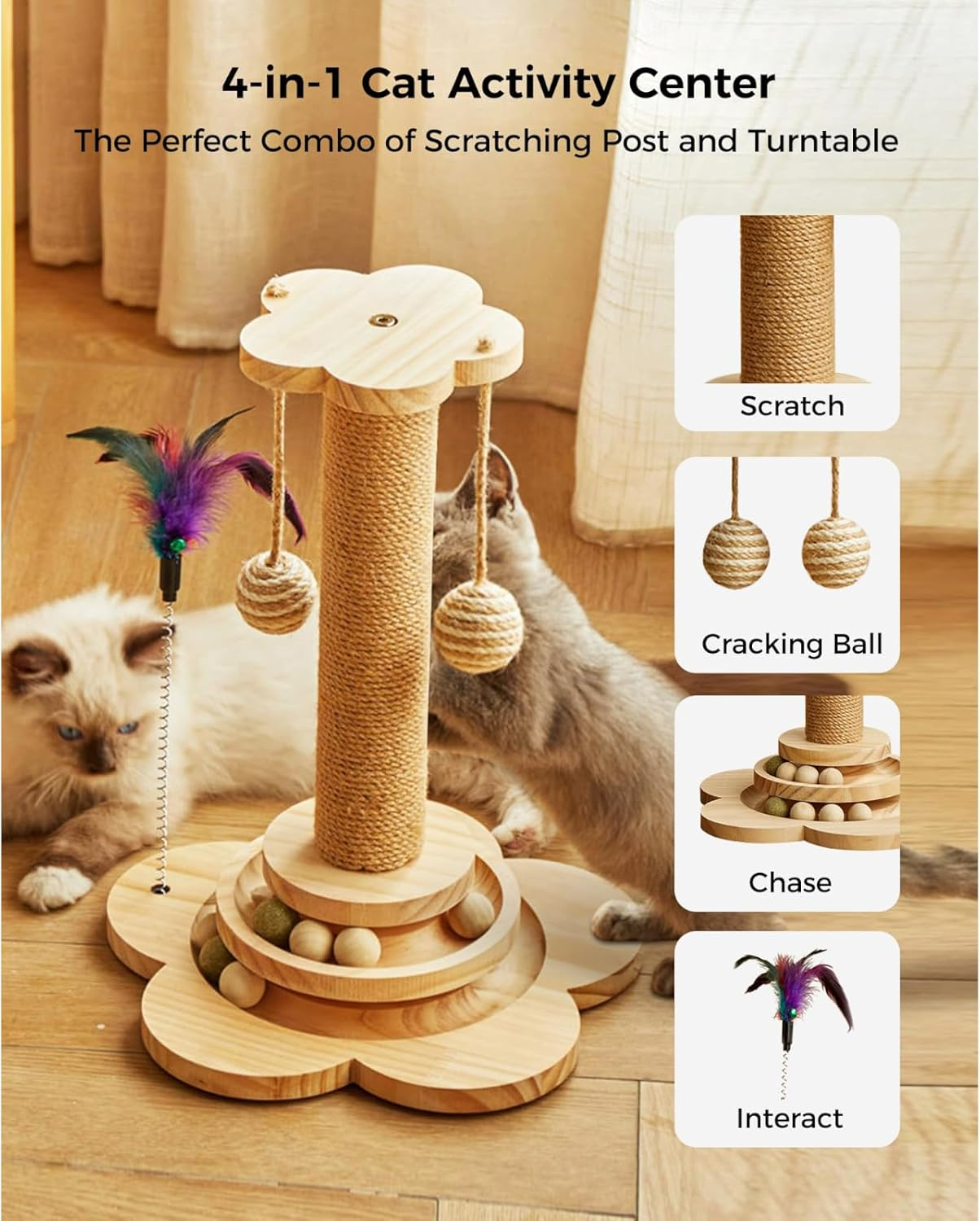 Multi-Functional Cat Scratching Post: 4-In-1 Wooden Cat Scratcher Toy, 45Cm Tall with Track Balls, Feather Toy, and Sisal Hanging Balls for Indoor Kittens and Adult Cats image number 1