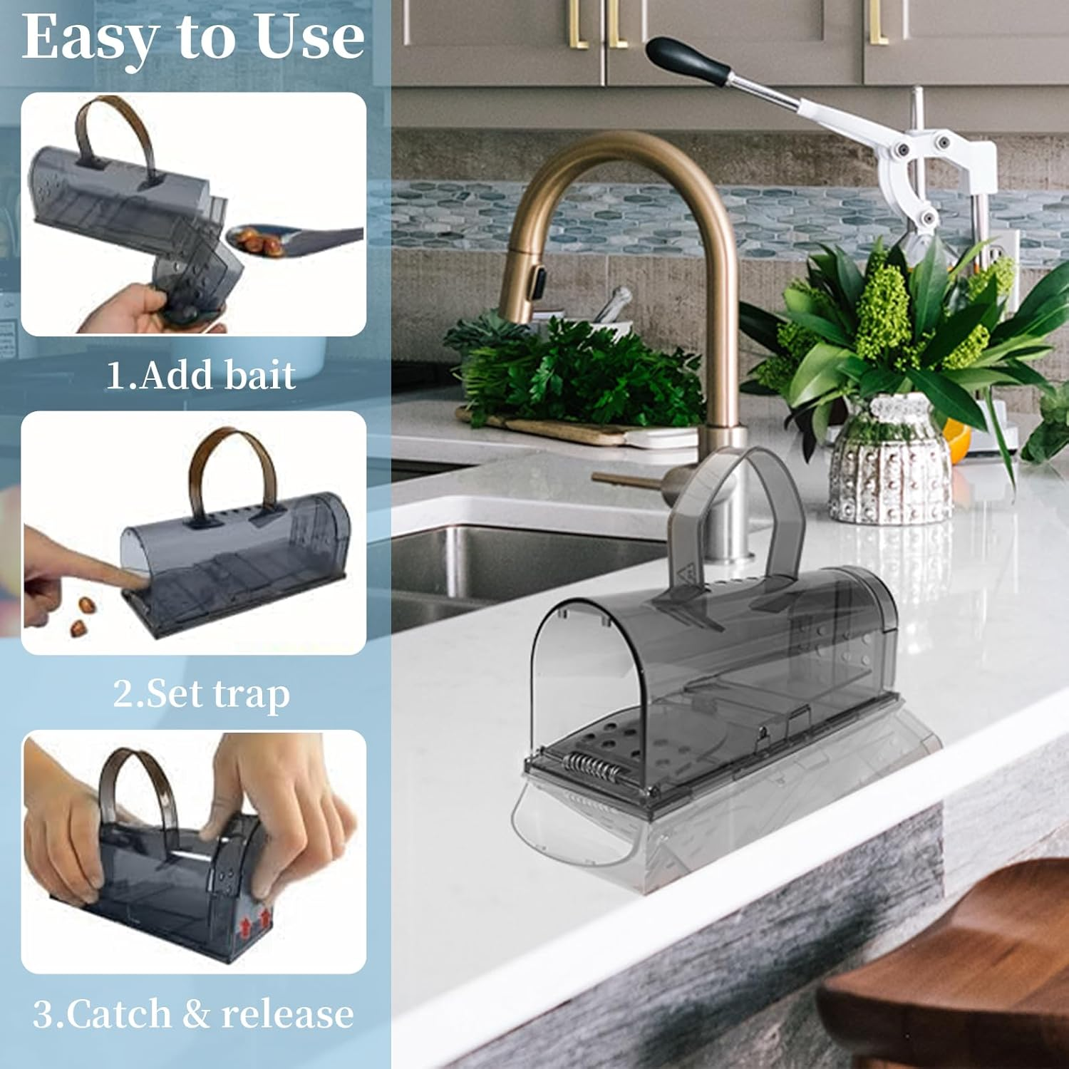 4Pack Humane Mouse Trap Cage with Handle & Cleaning Brush - Safe Effective No-Kill Live Mouse Traps for Indoor & Outdoor Use - Durable Reusable Rodent Catcher for Home, Garage Easy Set Release (Blue)