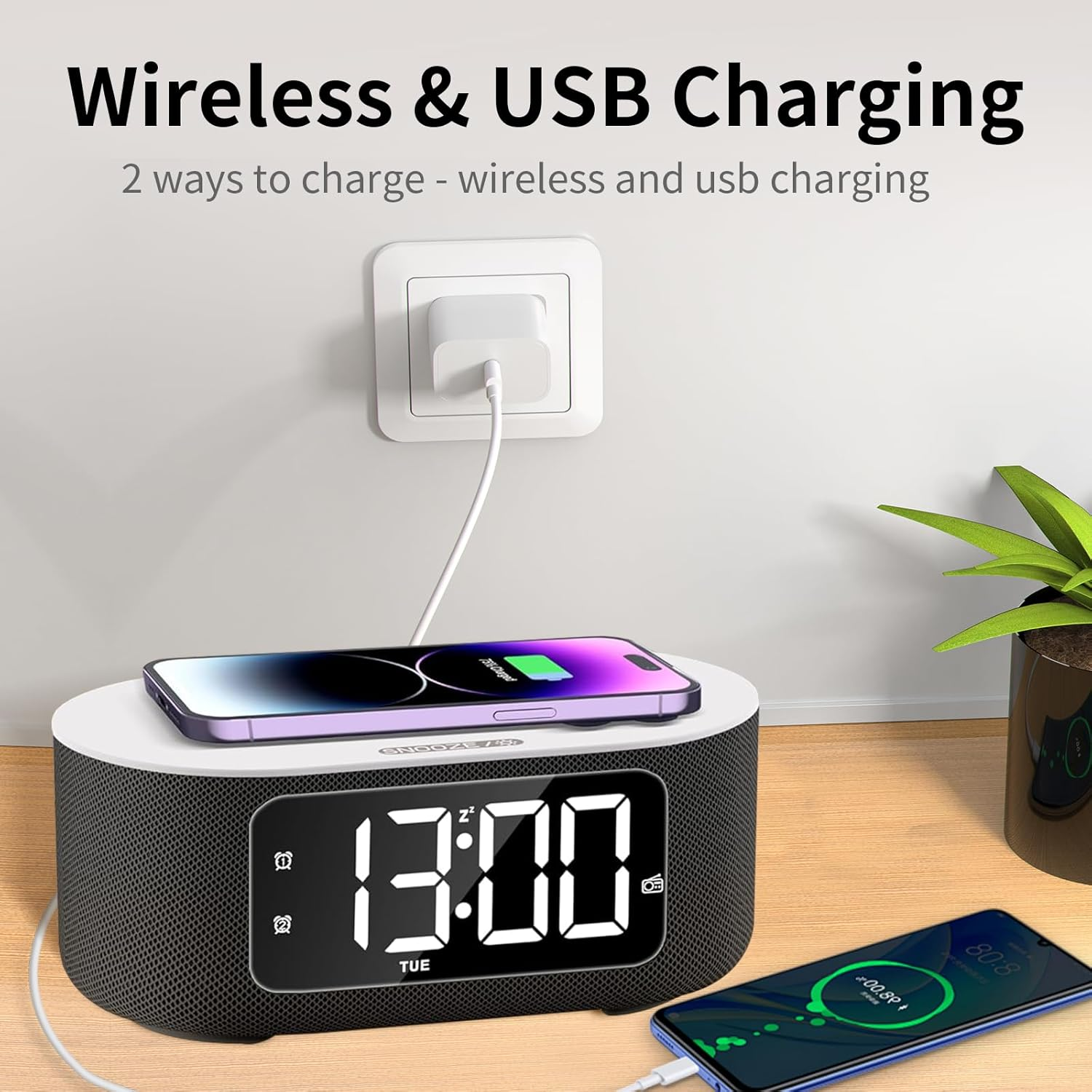 White Noise Machine & Alarm Clock with 25 Sounds, Bluetooth Stereo Speaker, 15W Fast Wireless Charger, Digital Clock with FM Radio, 10 Colors Nightlight, Snooze, Dimmer, Sleep Timer for Baby & Adults image number 5