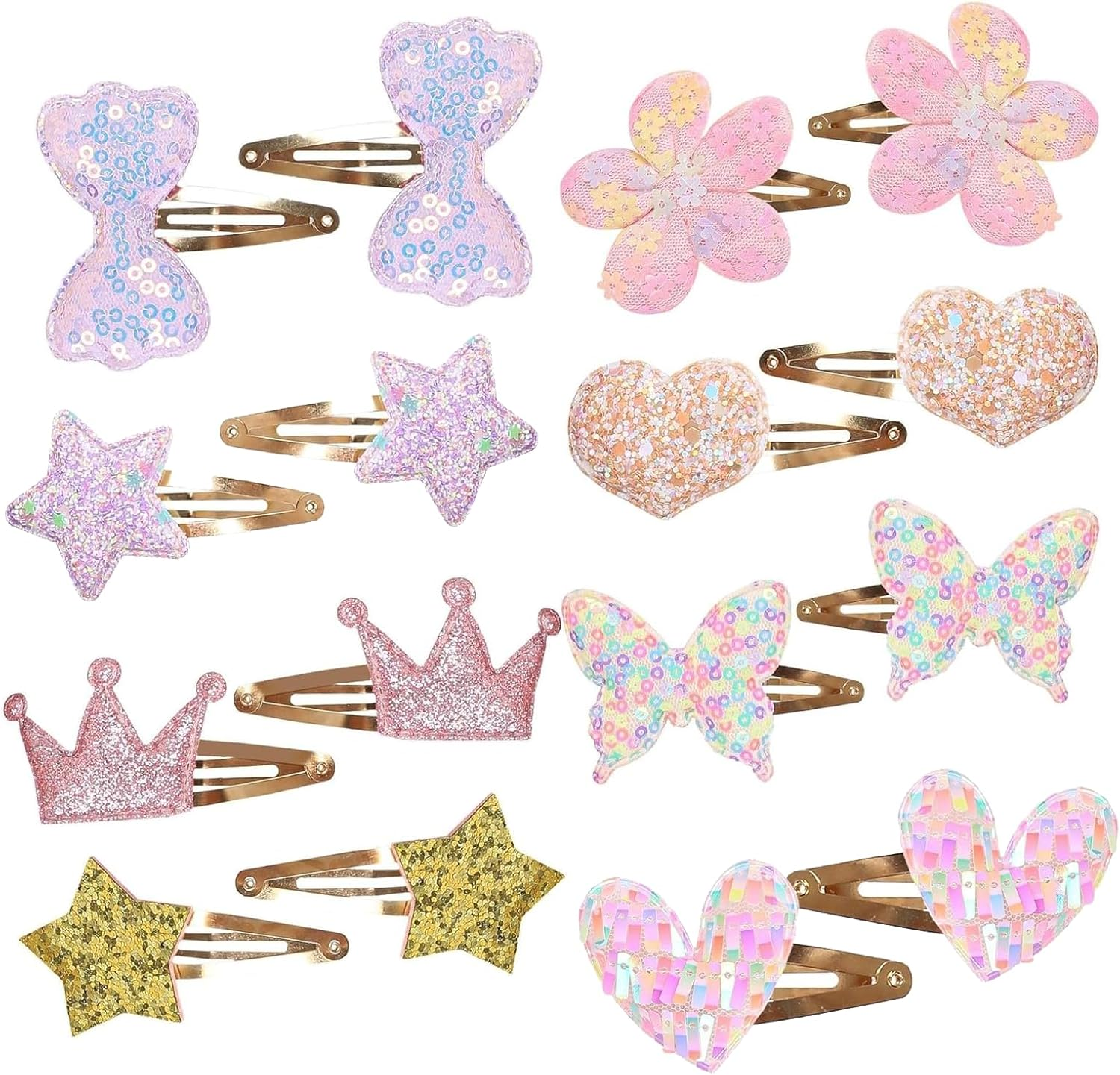 Rylaxzon Hair Clips for Girls - 8 Pairs of Flower, Bow, Star, Crown, Heart, Butterfly Shaped Barrettes and Pins Hair Clip - Metal Snap Hair Accessories for Girl & Baby