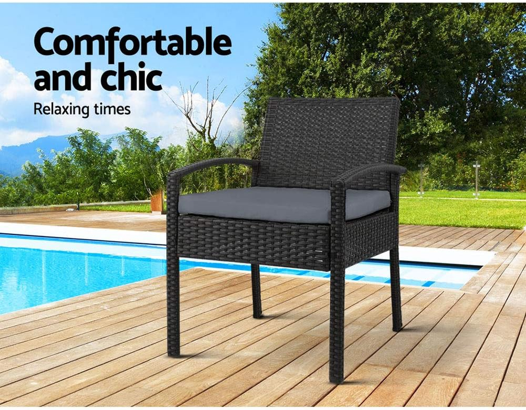 Gardeon Outdoor Dining Chairs Wicker Patio Deck Chair, Lounge Armchair Garden Furniture Seating Backyard Indoor, Cushion with Armrest Steel Rattan Black Ezra Set of 2