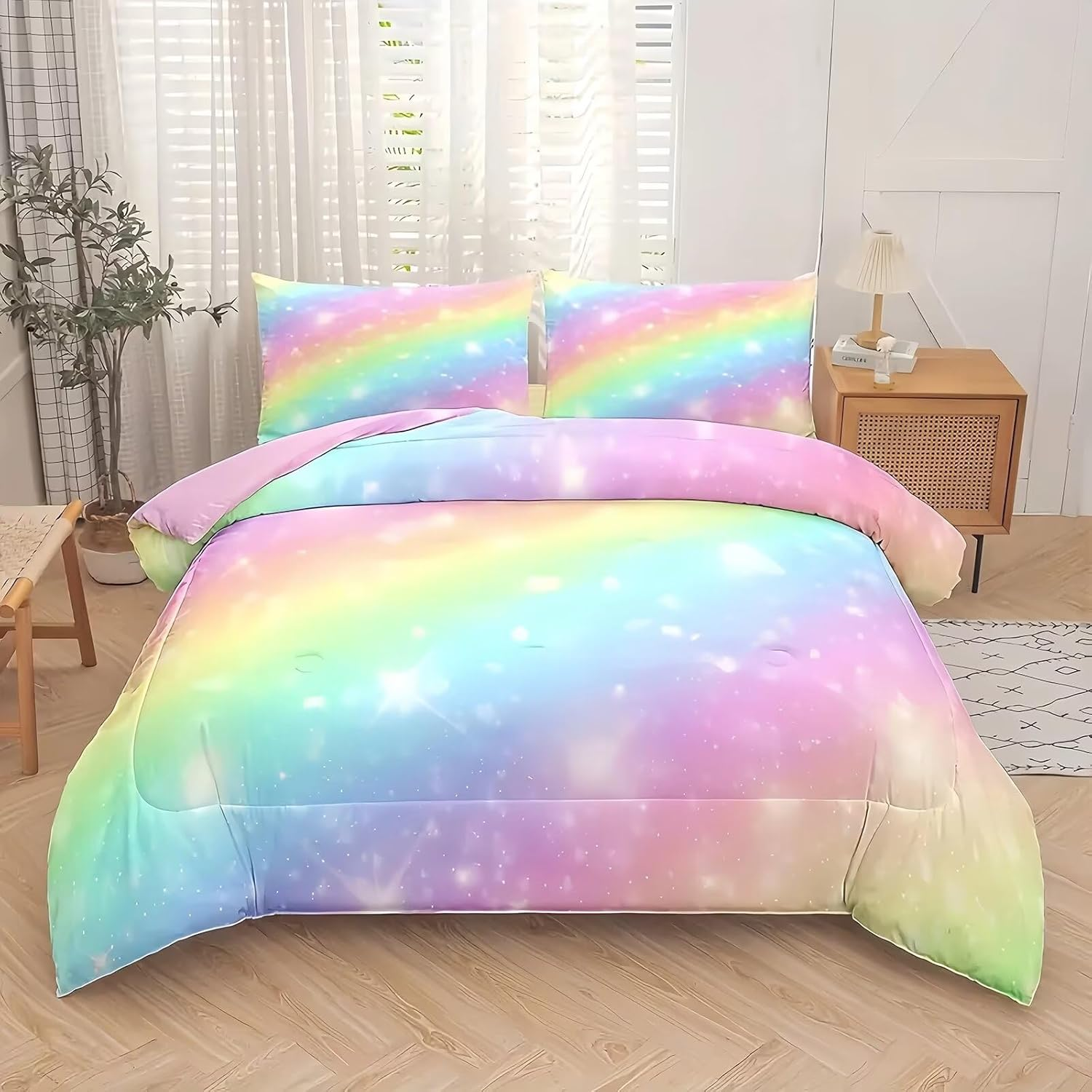 Tabeskly Kids Girls Bedding Set Single, Rainbow Cute Soft Zipper Childrens Full Bed 3 Piece Cover Duvet Quilt Covers and Pillowcases - Small Mildly Cosy Budget Bedclothes 135&times;200Cm image number 4