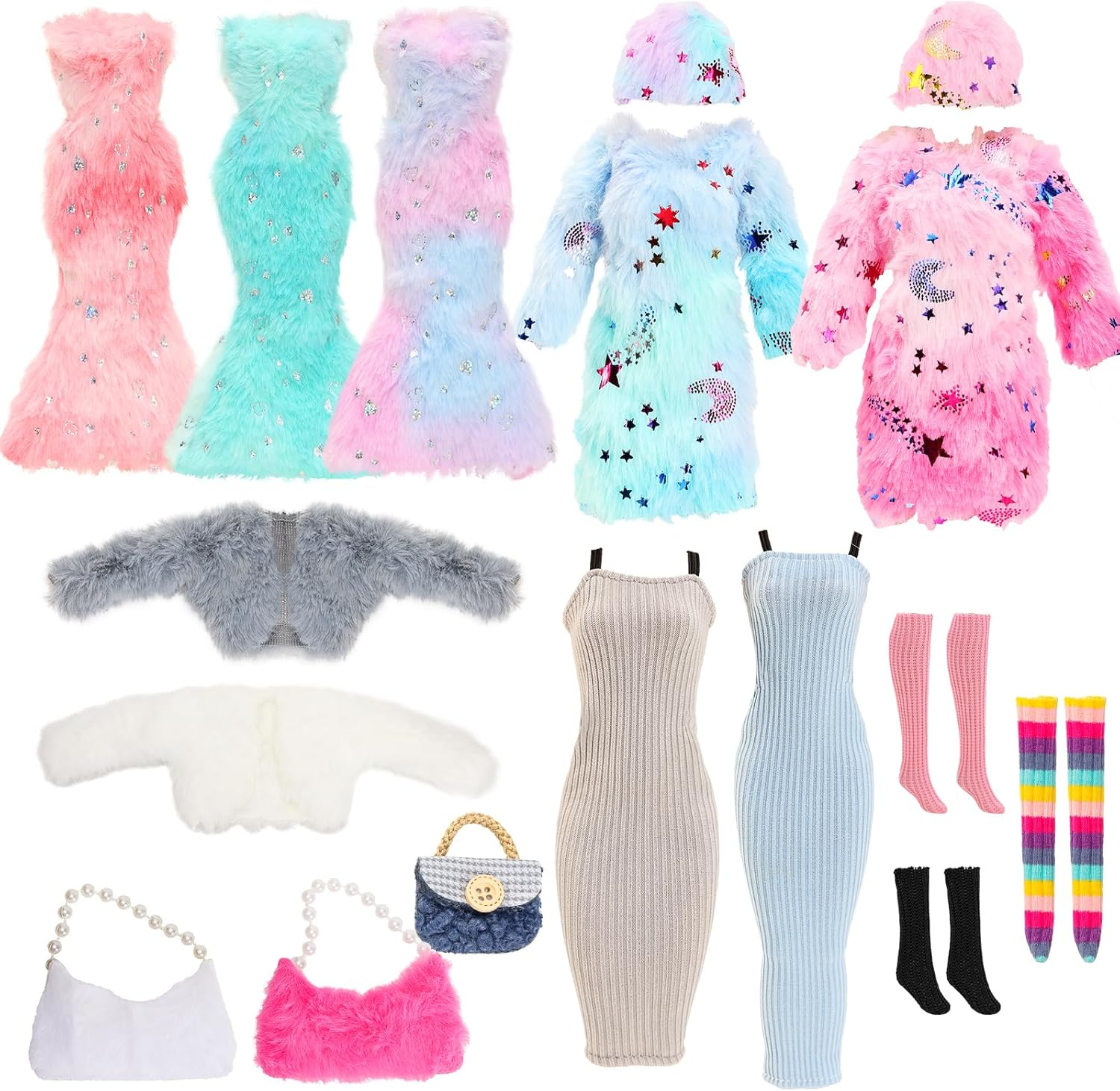 9 Doll Clothes Outfits 3 Fashion Plush Party Dresses Winter Clothes Coat Jacket 3 Handbag 3 Socks for 11.5 Inch Doll image number 5