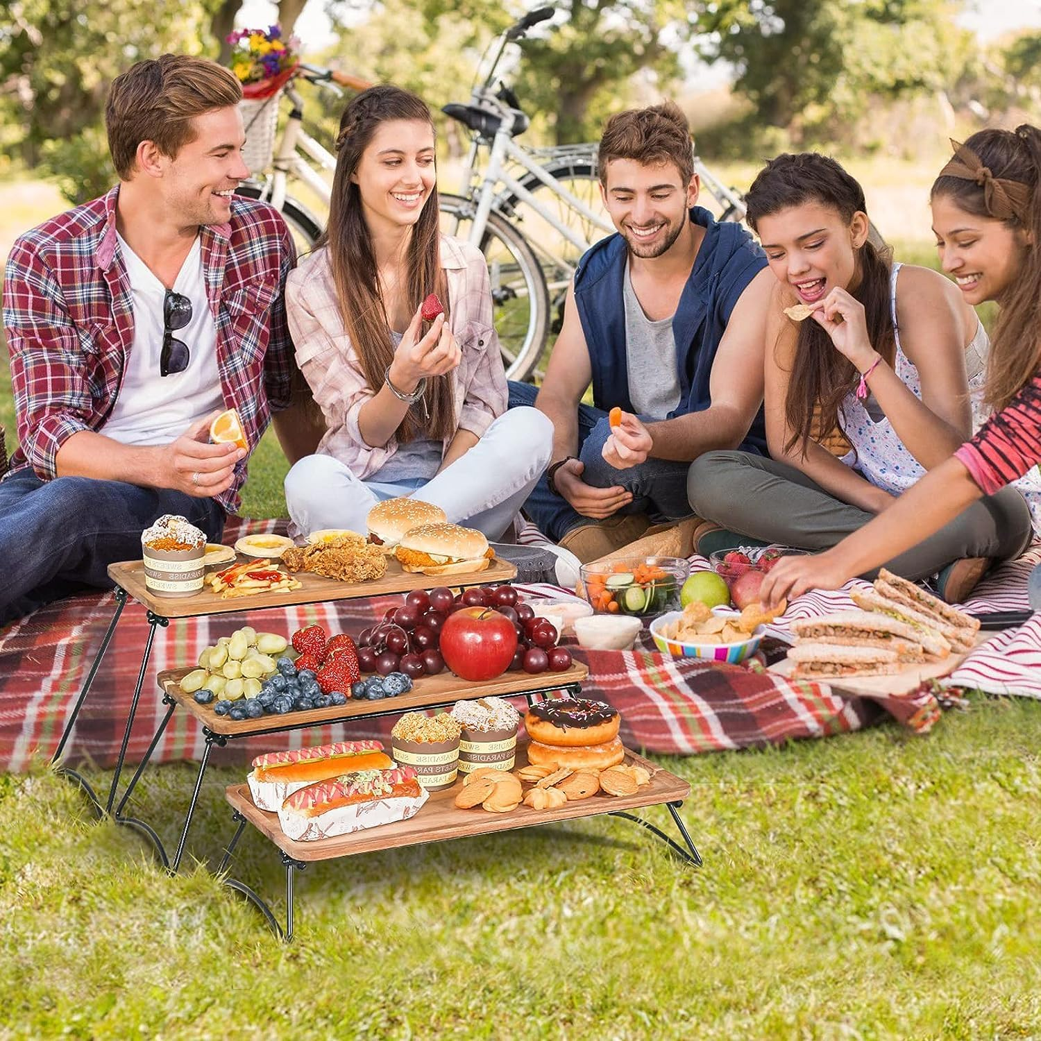 3 Tiered Tray Stand - Three Tiered Serving Stand with Acacia Wood Serving Trays & Platters for Cupcake Stand,Wooden Dessert Table Display Set,Charcuterie Boards,Food,Party,Vendors image number 1