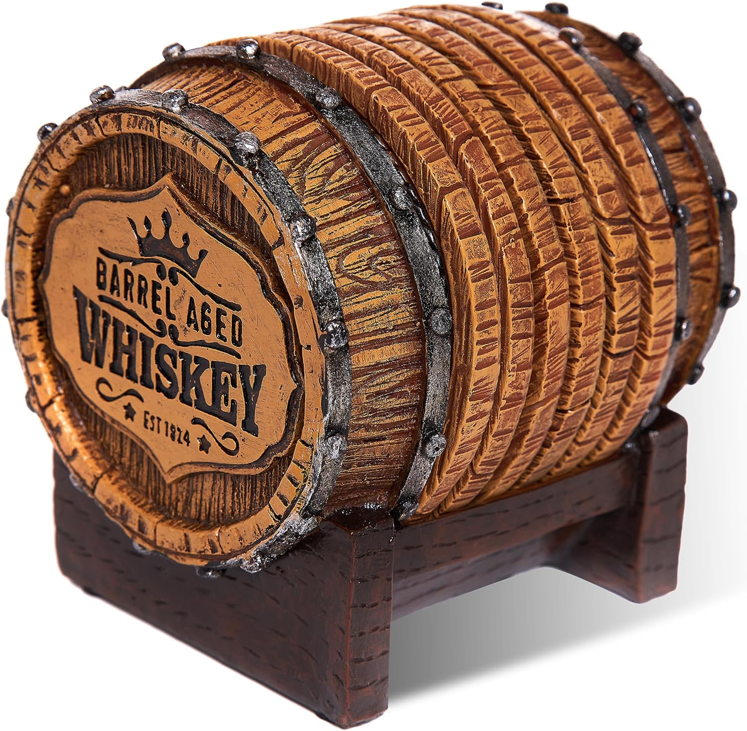 Whiskey Barrel Coaster Set &ndash; Handcrafted Whiskey Barrel Decor for Whiskey Lovers and Man Cave Gifts for Men - 6 Full Size Whiskey Coasters with Barrel Style Holder for Man Cave D&eacute;cor image number 1