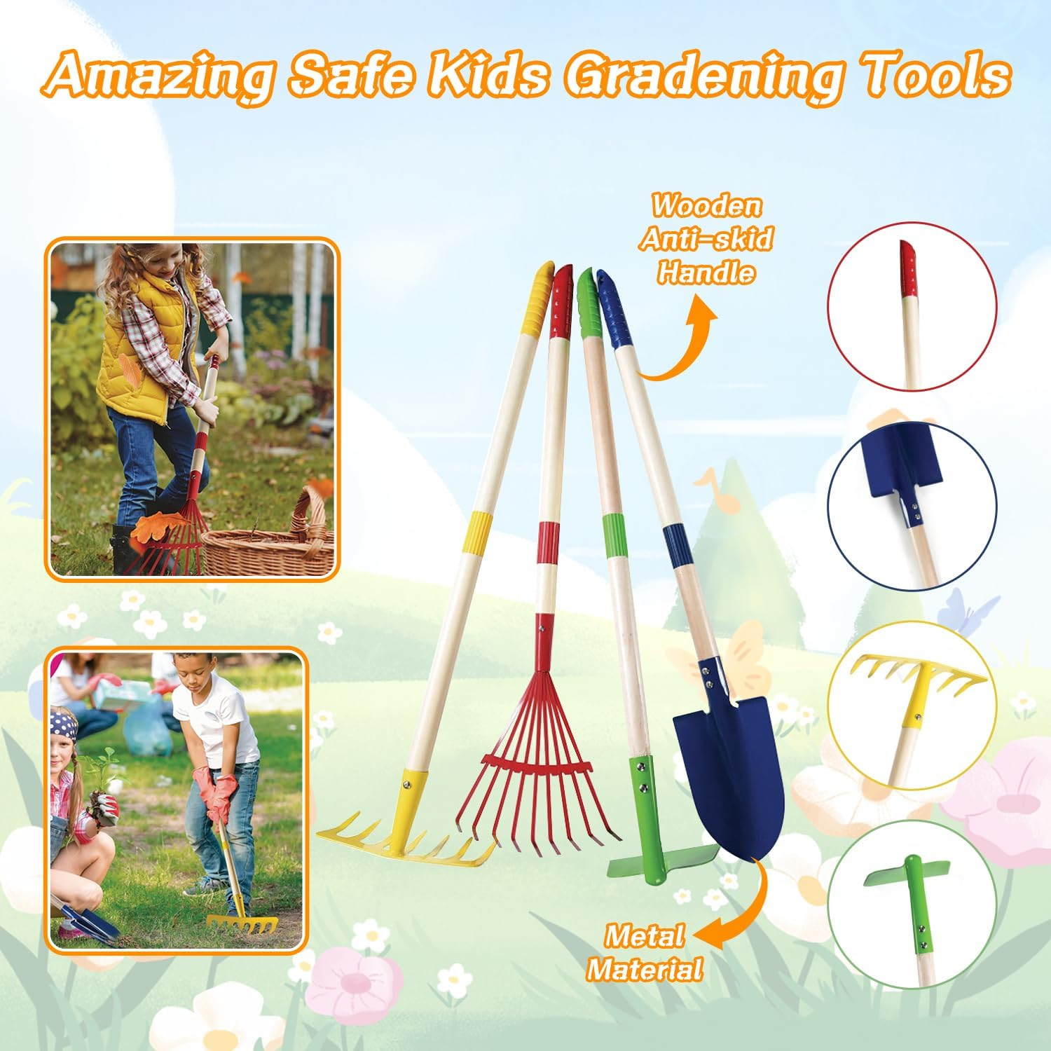 Mostop Kids Gardening Tools Set, Gardening Set for Kids, Outdoor Backyard Farm Digging Toys with Wheelbarrow, Metal Shovel, Rake, Leaf Rake, outside Garden Wagon Toys Birthday Gifts for Boys Girls 4-8 image number 1