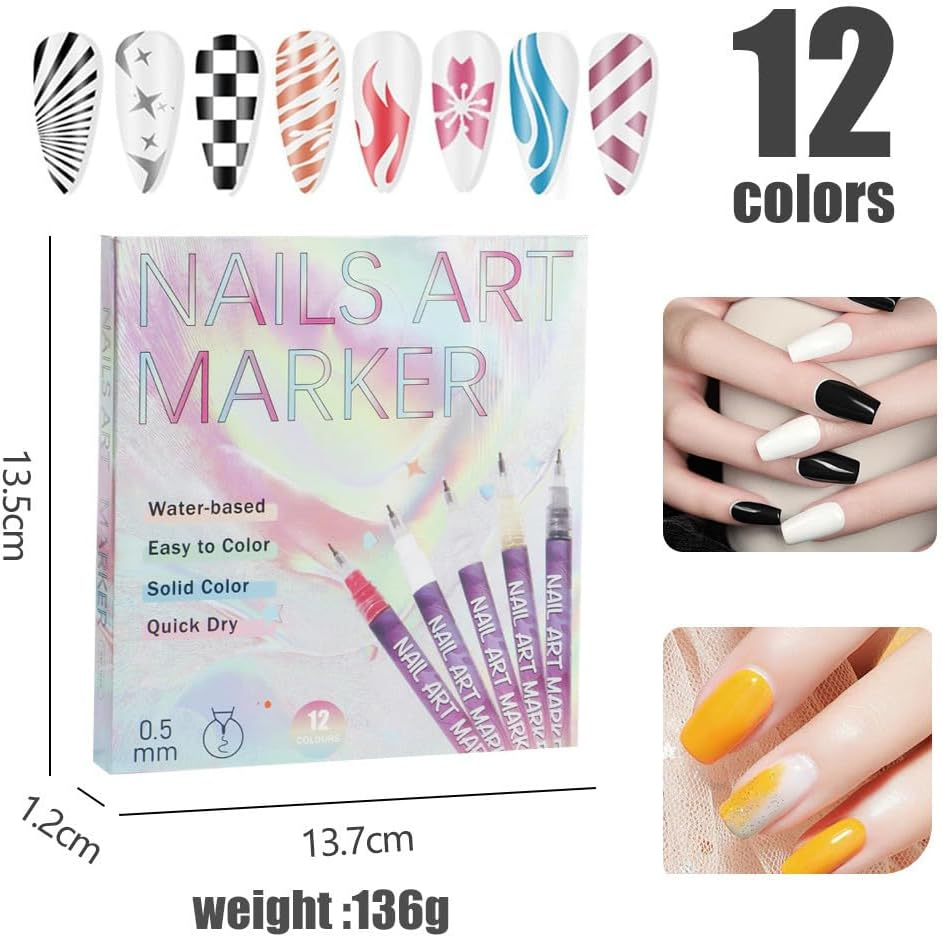 12 Colors Nail Art Pens Marker Set 0.5 MM Nail Doodle Pens, Waterproof Quick-Dry Nail Polish Pens Set for Beginners & Professionals DIY Nails Design Manicure Tools