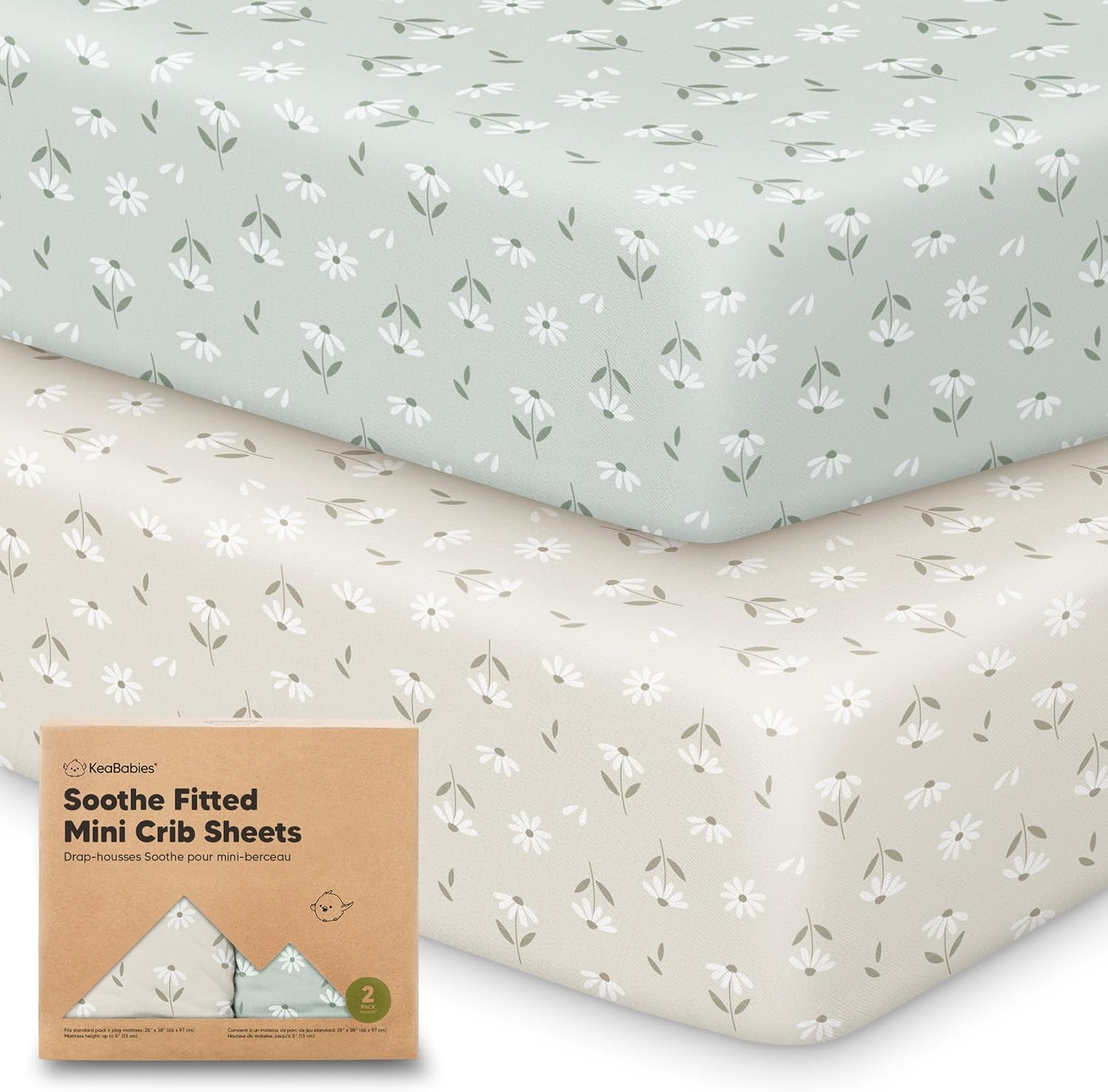 2-Pack Organic Mini Cot Sheets Fitted - Organic Cotton Pack N Play Sheets for Graco Pack and Play Mattress, Playard Baby Cot Sheets, Jersey Fitted Crib Sheets Neutral for Boys, Girls (Daisies) image number 5