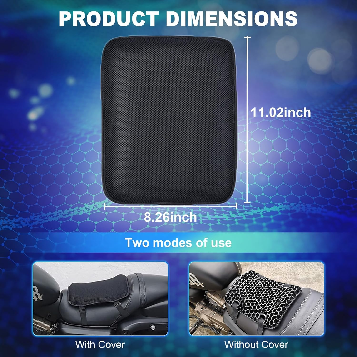 Motorcycle Gel Seat Cushion, 3D Honeycomb Shock-Absorbing, Hollow and Breathable, Hel Material Is Compressive, Non-Breaking, Non-Hardening, Soft and Comfortable (Small Rectangular Style)