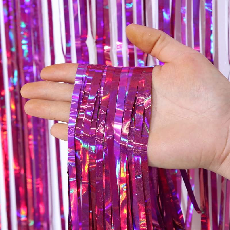 Foil Fringe Curtain, Pack of 2 Tinsel Backdrop, Birthday Party Decorations, Streamer Backdrop Foil Curtains, Graduation Decorations (Wavy Holographic-Silver)