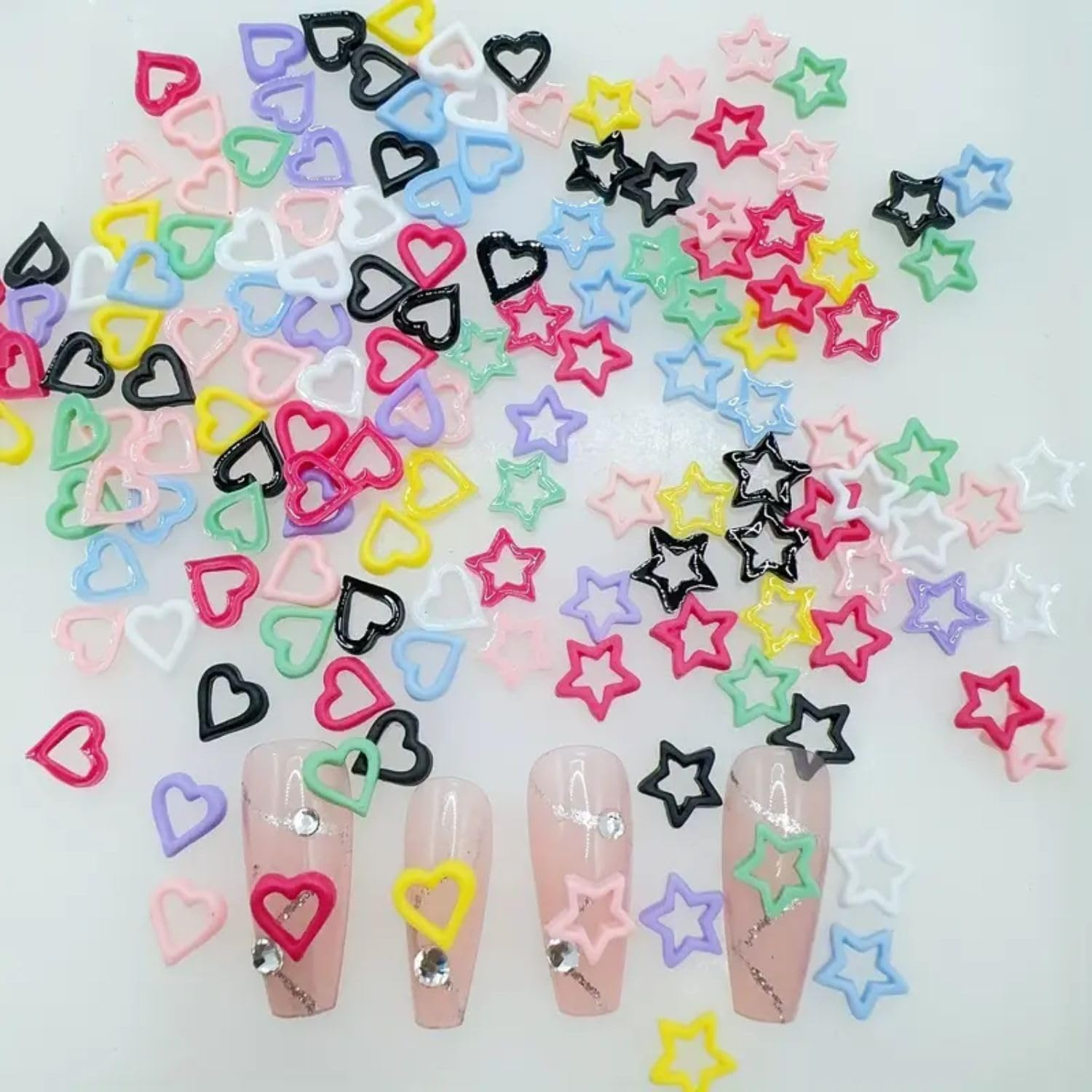 ROSEUS Nail Art Resin Charms 150 PCS, Y2K 90'S Style Hearts and Stars, Multi Colour Rhinestones Hollow image number 6