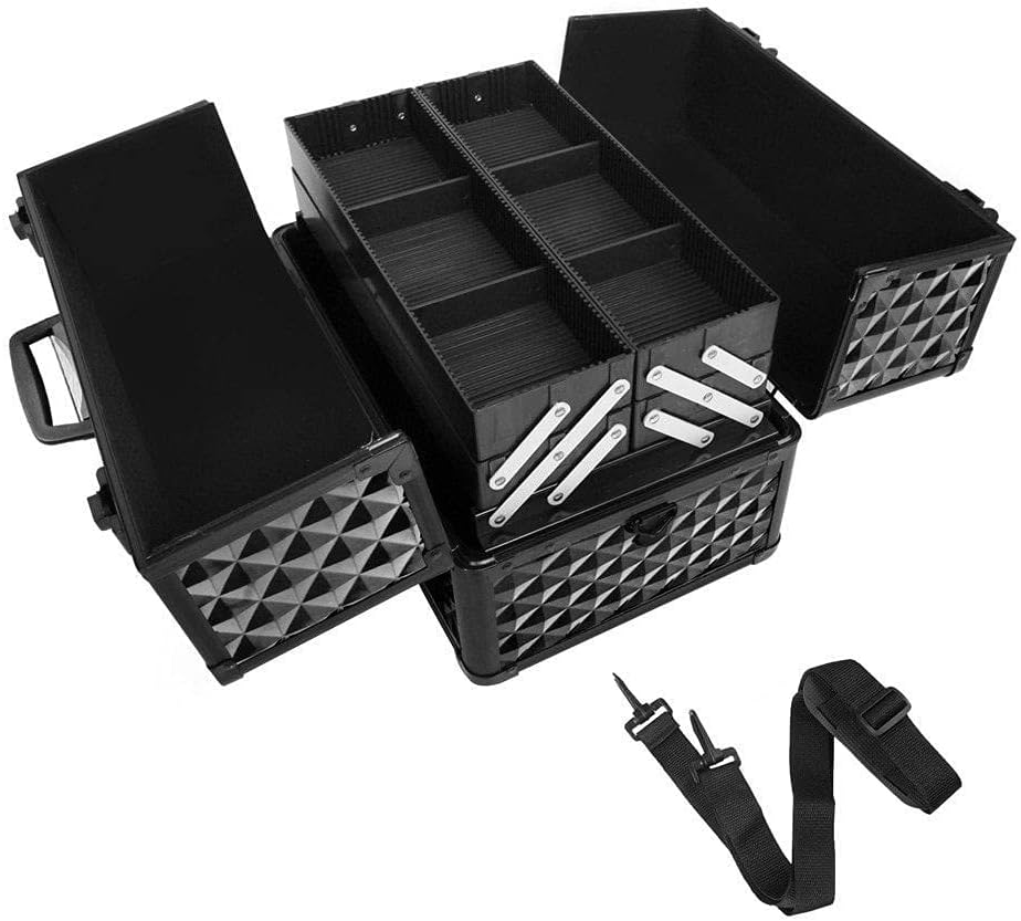 Portable Beauty Makeup Cosmetic Case Organiser Carry Bag Box Diamond W/Strap (Diamond Black) image number 5