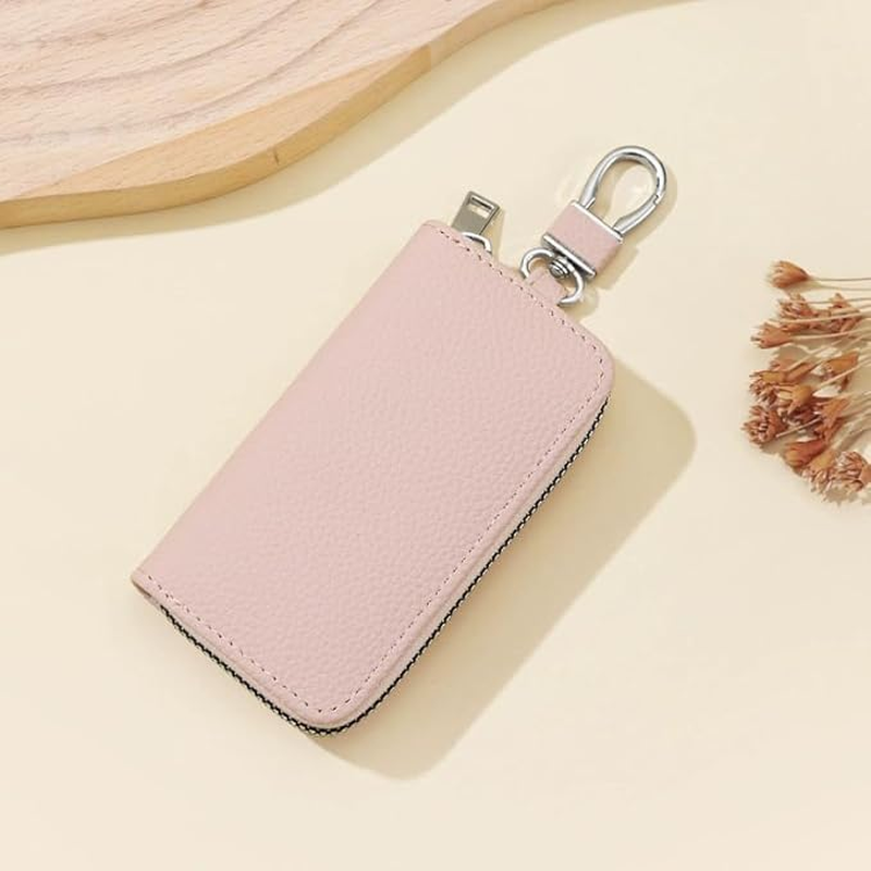 Car Keychain Key Bag,Multi-Functional Car Home Key ID Card Bank Card Organizer Bag with Zip and Rotatable Hook (Pink) image number 3