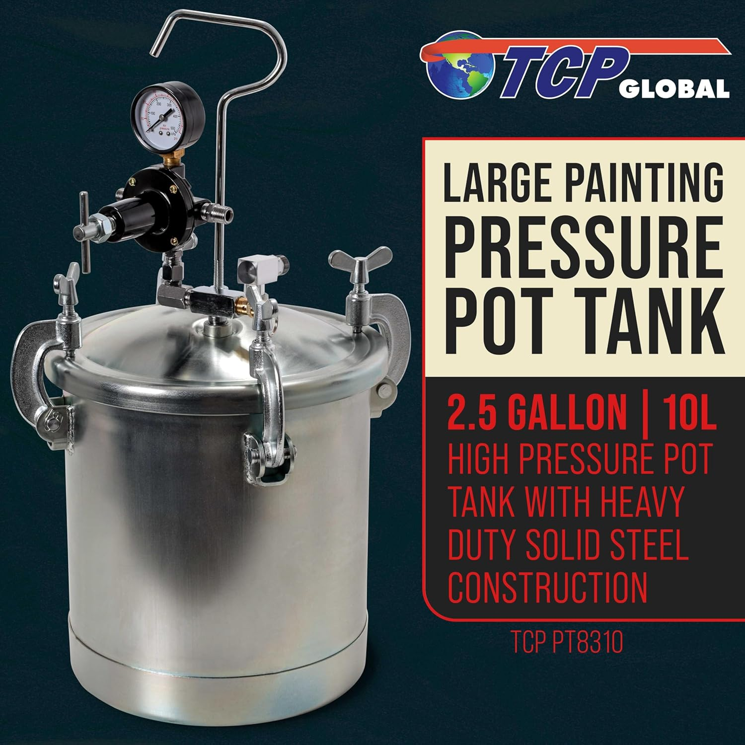 TCP Global 2-1/2 Gallon - (10 Liter) Pressure Pot Paint Tank with Regulator Pressure Gauge for Large Volume Painting and Autobody image number 4