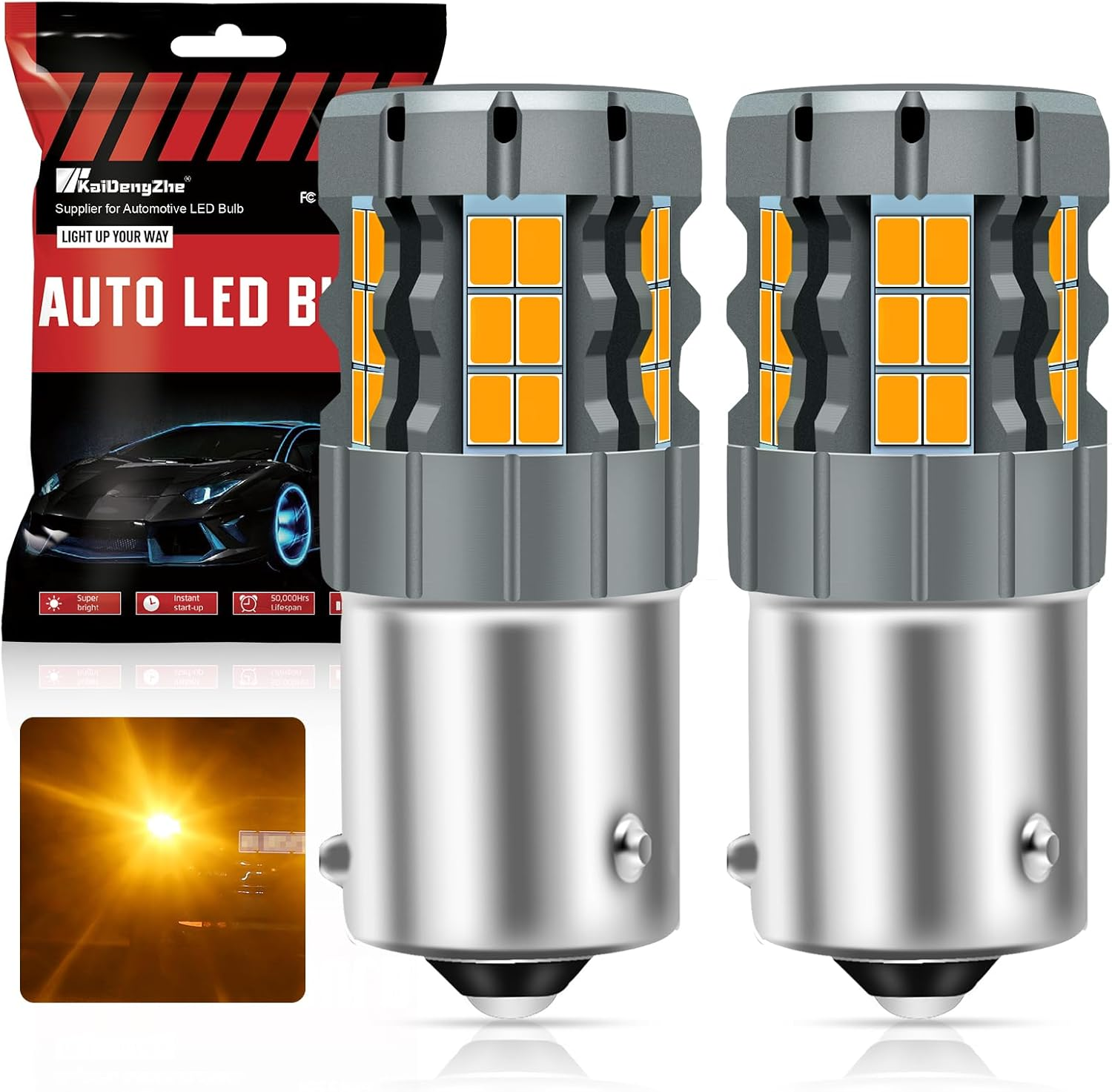 Kaidengzhe 1156 LED Turn Signal Light Bulb, CANBUS Error Free 400% Bright 3000LM, 12V-30V anti Hyper Flash BAU15S PY21W LED Bulb Amber Yellow Replacement for Front and Rear Position Light, 2PCS image number 2