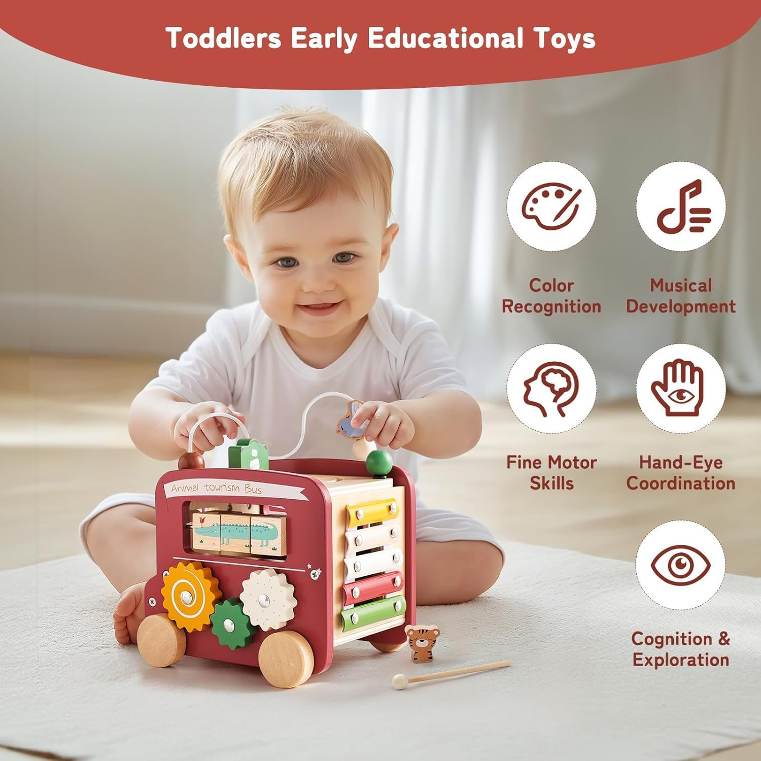 Wooden Activity Cube, 8-In-1 Montessori Toys with Animal Tourism Bus Theme, Multifunctional Early Educational Learning Toys Montessori Toys for 1 Year Old Boys Girl Oddlers Kids Birthday Gift (Red) image number 2