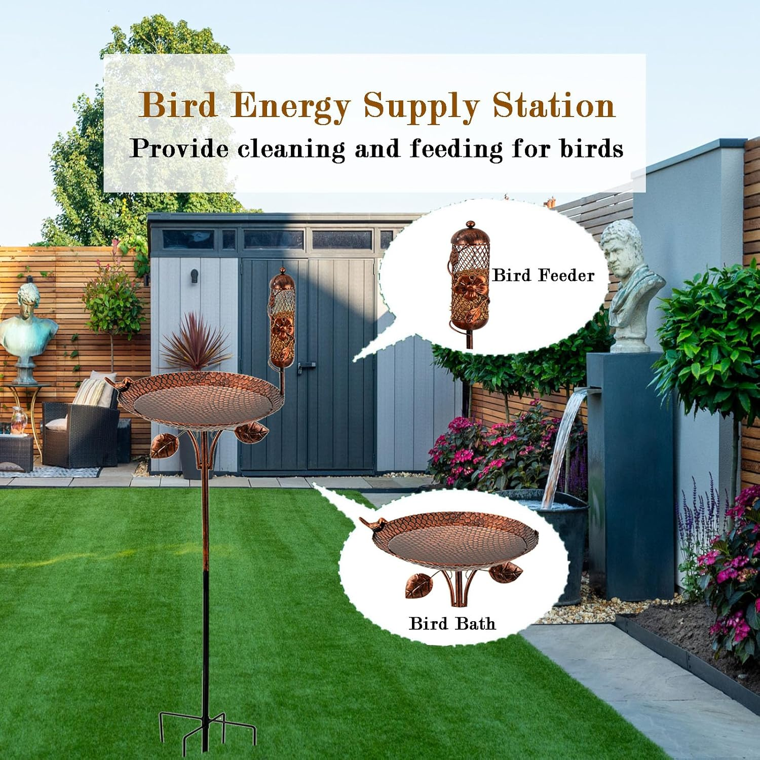 Bird Bath,Pedestal Bird Baths with Bird Feeder,Combining Bathing and Feeding,Easy to Clean and Simple to Install,Metal Birdbath for Outdoors Garden Patio Yard Lawn Decor