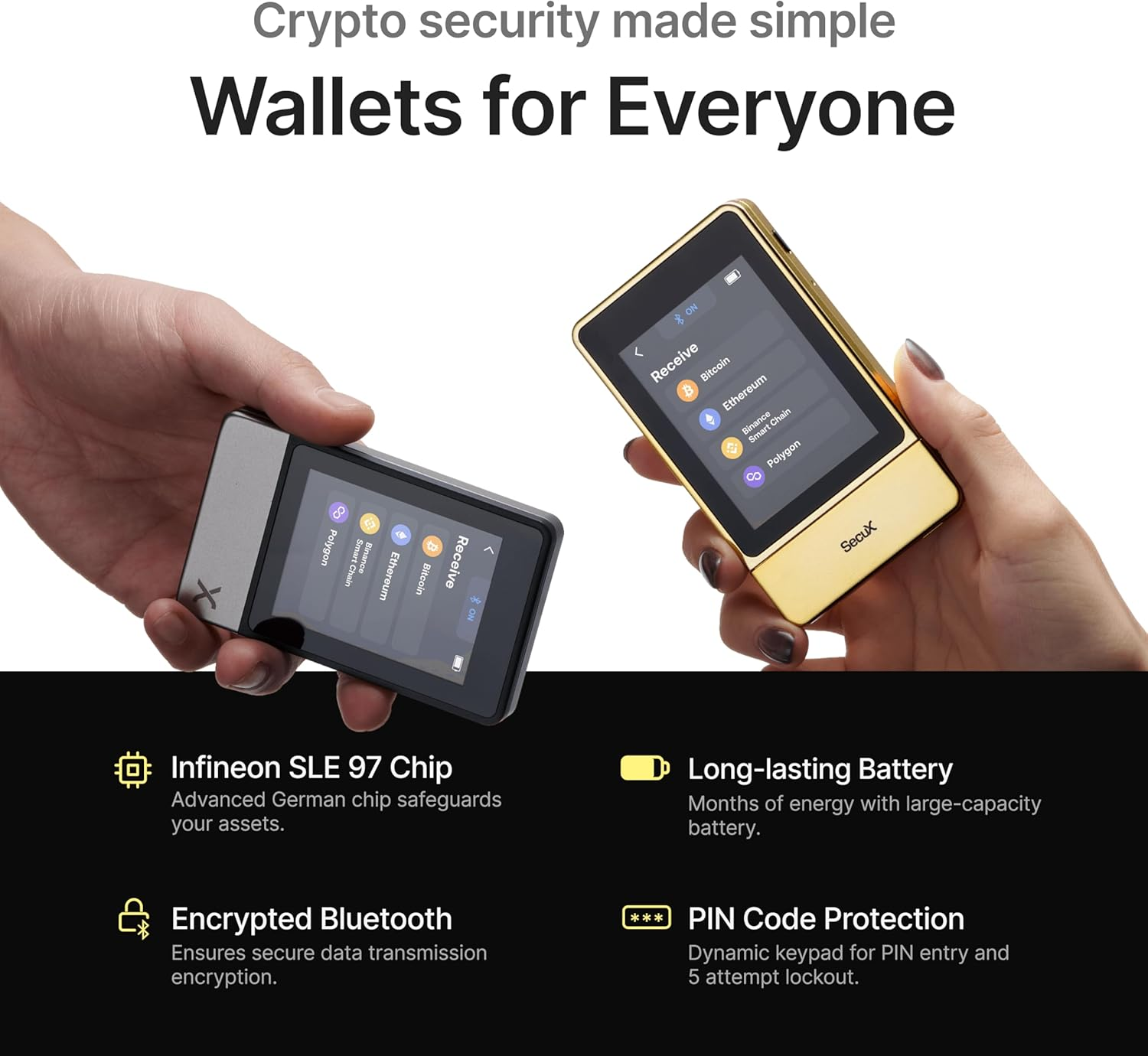 Secux Neogold - Crypto Wallet W/Intuitive Touchscreen, Bluetooth & USB-C, Manage Bitcoin, Ethereum, Nfts, Tokens, & Cryptocurrency with Military-Grade Security and User-Friendly Interface image number 3
