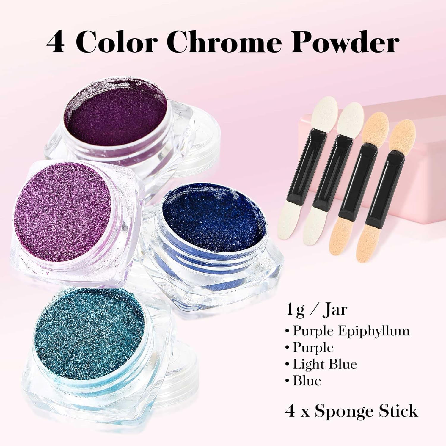 Chrome Nail Powder, 4 Colors Blue Series Nail Chrome Powder - Mirror Effect Metallic Glitter Kit for Nail Art Decoration, Resin Craft Etc. (1G/Jar) - Blue image number 6