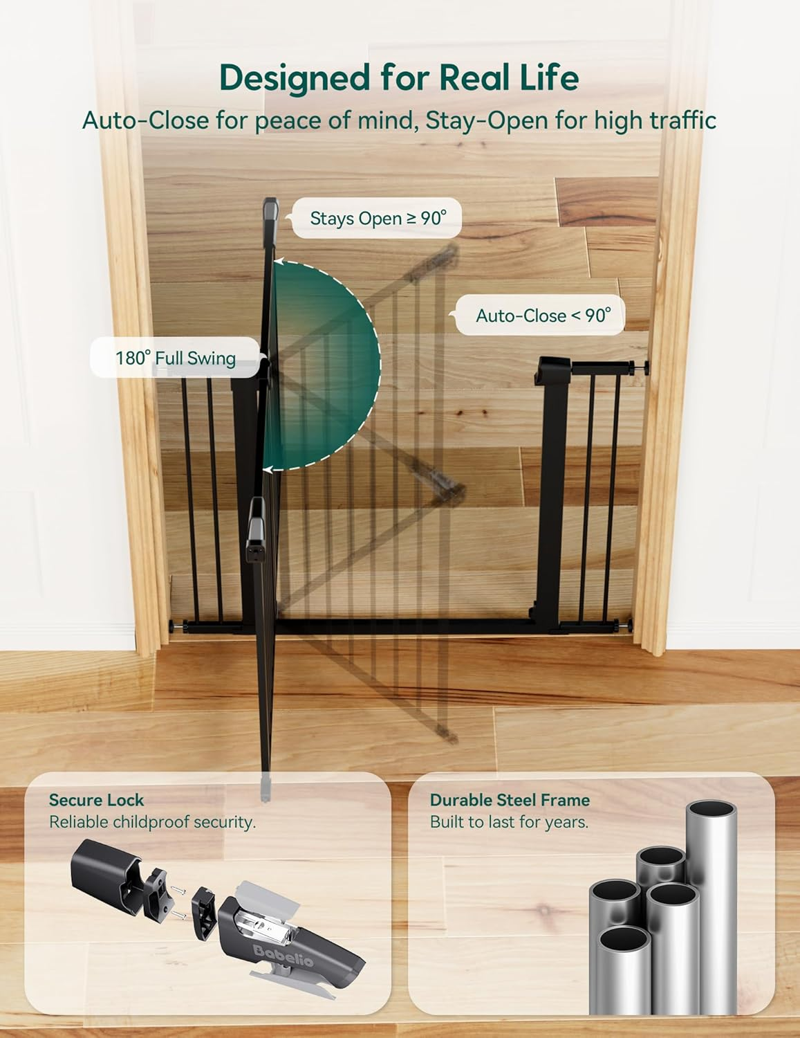 Babelio Metal Baby Gate, 29-48" Auto Close Easy Install Pet Gate, Extra Wide Walk Thru Child Safety Gate, Pressure Mounted Dog Gate for Doorways and Stairs, with Y Spindle Rods, Black image number 4