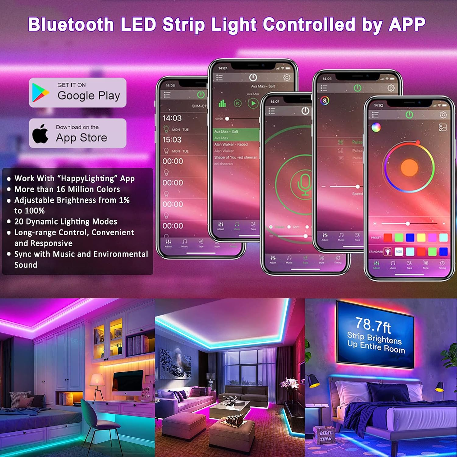 20M Bluetooth Led Strips Light Music Sync ALED LIGHT 2X10M Flexible Color Changing RGB 5050 12V Rope Light Strips Kit with IR Remote&App Control Non-Waterproof for Party,Home,Diy Decoration image number 2