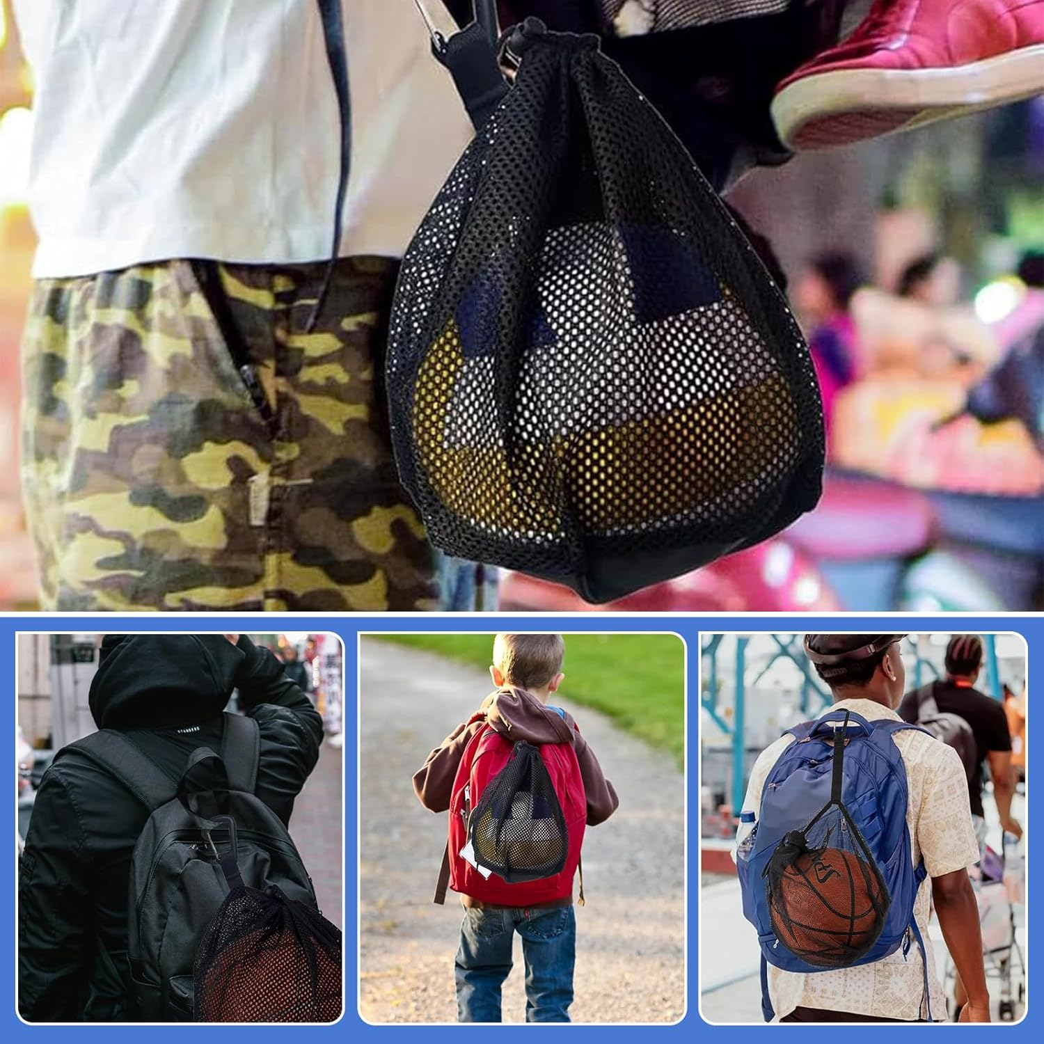 2 PCS Drawstring Basketball Bag, Basketball Football Volleyball Carry Bag, Clip on Ball Holder for Backpack, Basketball Storage Net Bag, Mesh Handbag Ball Bag for Basketball Football Volleyball image number 4