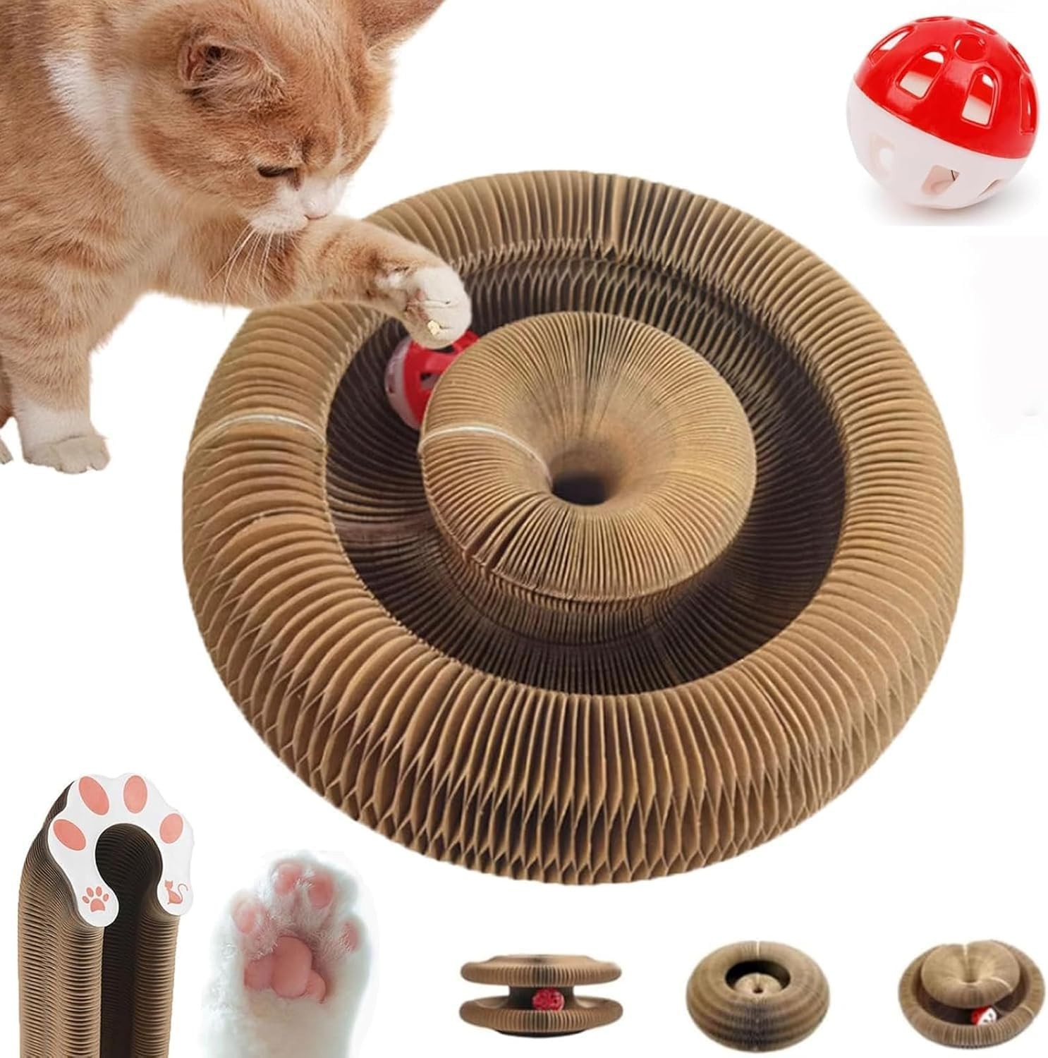 Kitten Curl Toy, Magic Organ Cat Scratcher Board, Kitten Curl Cardboard Cat Toy, Foldable Cat Scratching Board, Cardboard Cat Toys, Interactive Scratch Pad Cat Toy with Toy Bell Ball image number 5