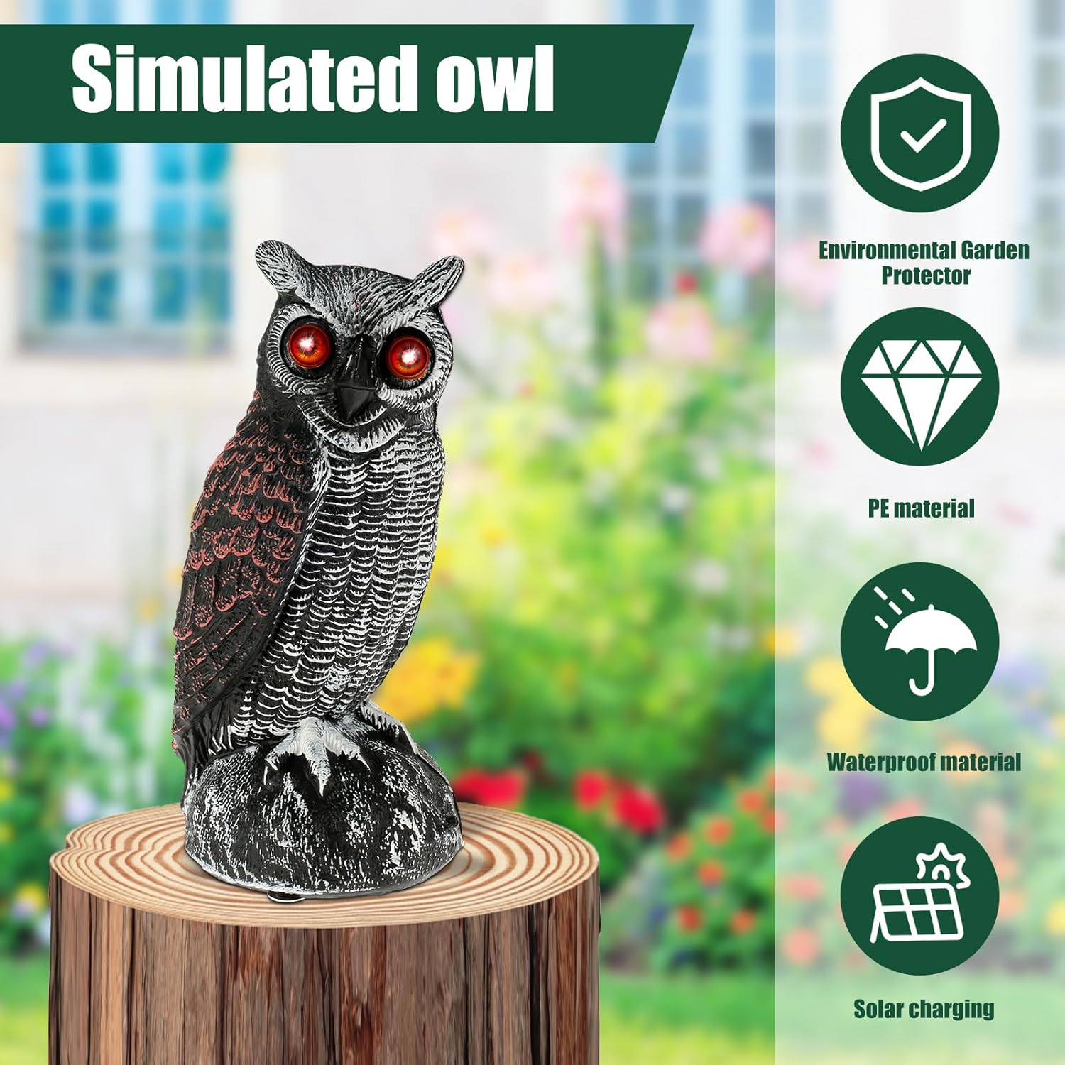 Solar Owl Decoys, Owl Bird Deterrent to Scare Birds Away with Red Flashing Eyes & Scaring Sound, 2 Working Modes Waterproof Solar Scarecrow Easy to Install to Keep Birds Away Outdoor (Set 01) - Set 02 image number 5