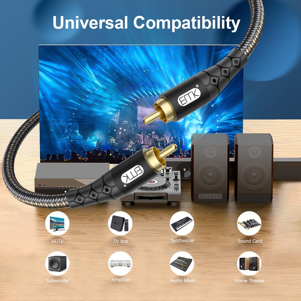 EMK RCA to RCA Subwoofer Cable &ndash; 24K Gold-Plated Connector Nylon Braided Double Shielded Audio Cable Digital&Analog Signal Support for Amplifiers Subwoofer Home Theater Hi-Fi Systems Black/50Ft/15M image number 2