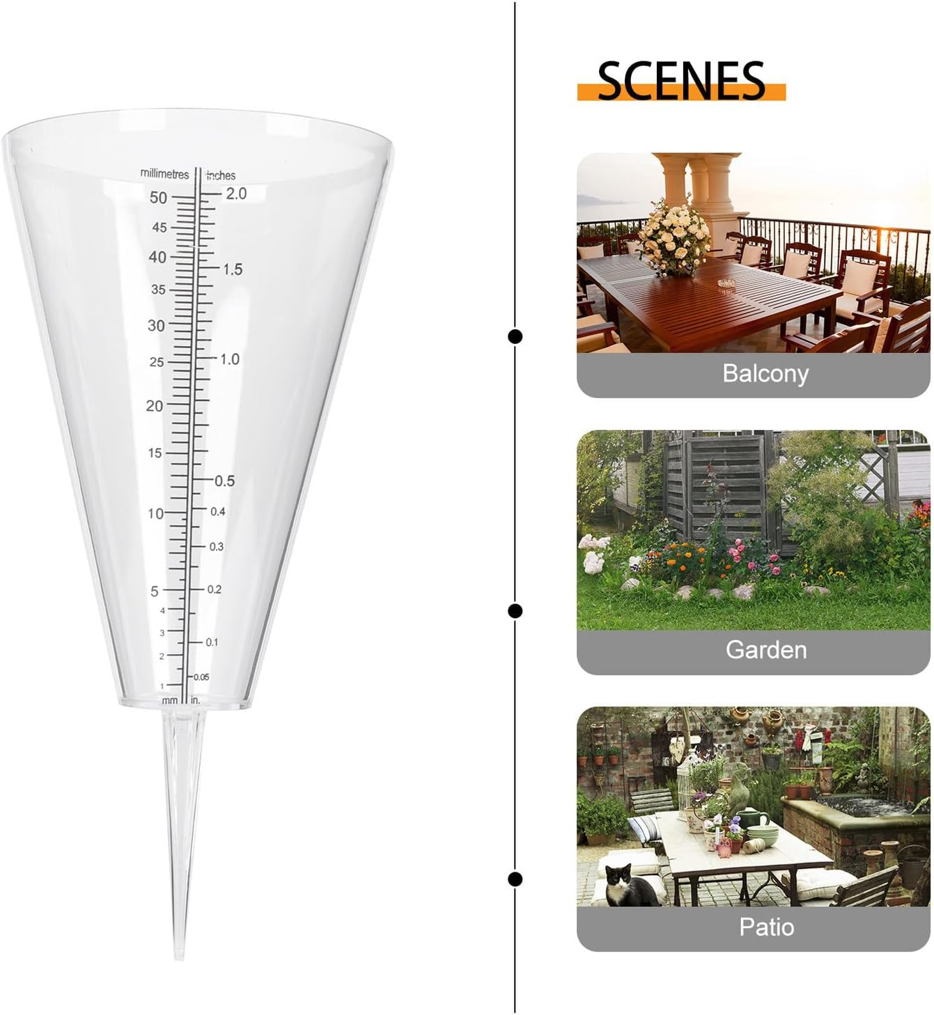 Rain Gauge with Double Scale Conical Outdoor Rainfall Measuring Cup with Ground Spike Easy Read Transparent Water Level Monitor for Garden Lawn image number 2