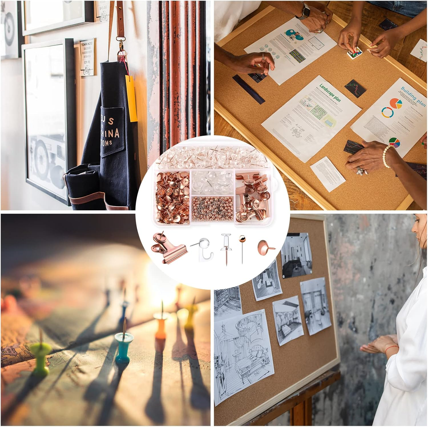 AIEX 465Pcs Clear Push Pins Set, Metal & Plastic Pushpins Clips Thumb Tacks and Push Pins for Cork Board Bulletin Board Wall 5 Styles Office Supplies (Rose Gold) - Rose Gold image number 2