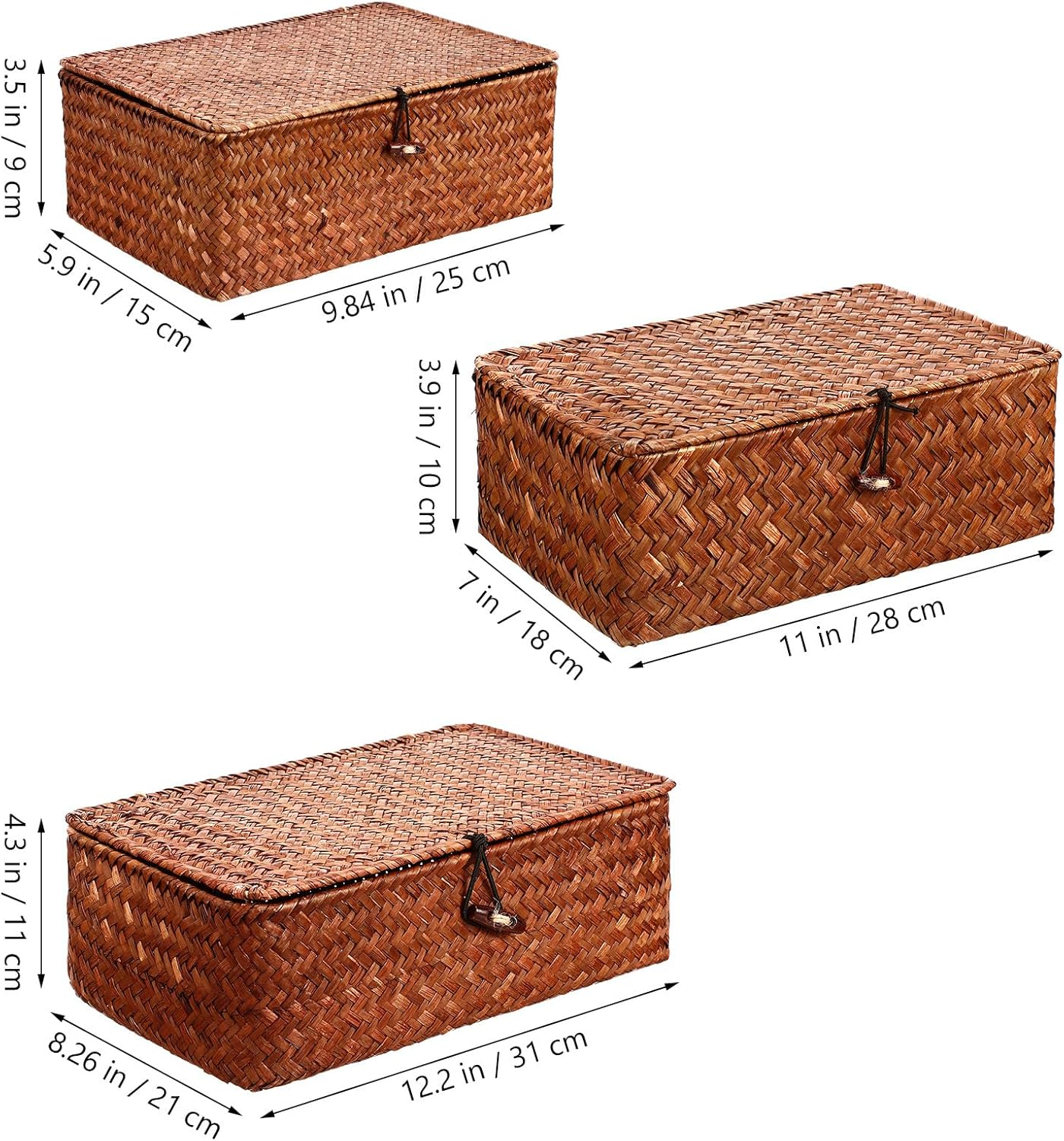 LIFKICH 3Pcs Handwoven Rattan Storage Baskets with Lid, Rustic Seagrass Sundry Organizer Boxes for Living Room and Coffee Table, Dustproof Desktop Storage Set (Large, Medium, Small) image number 3