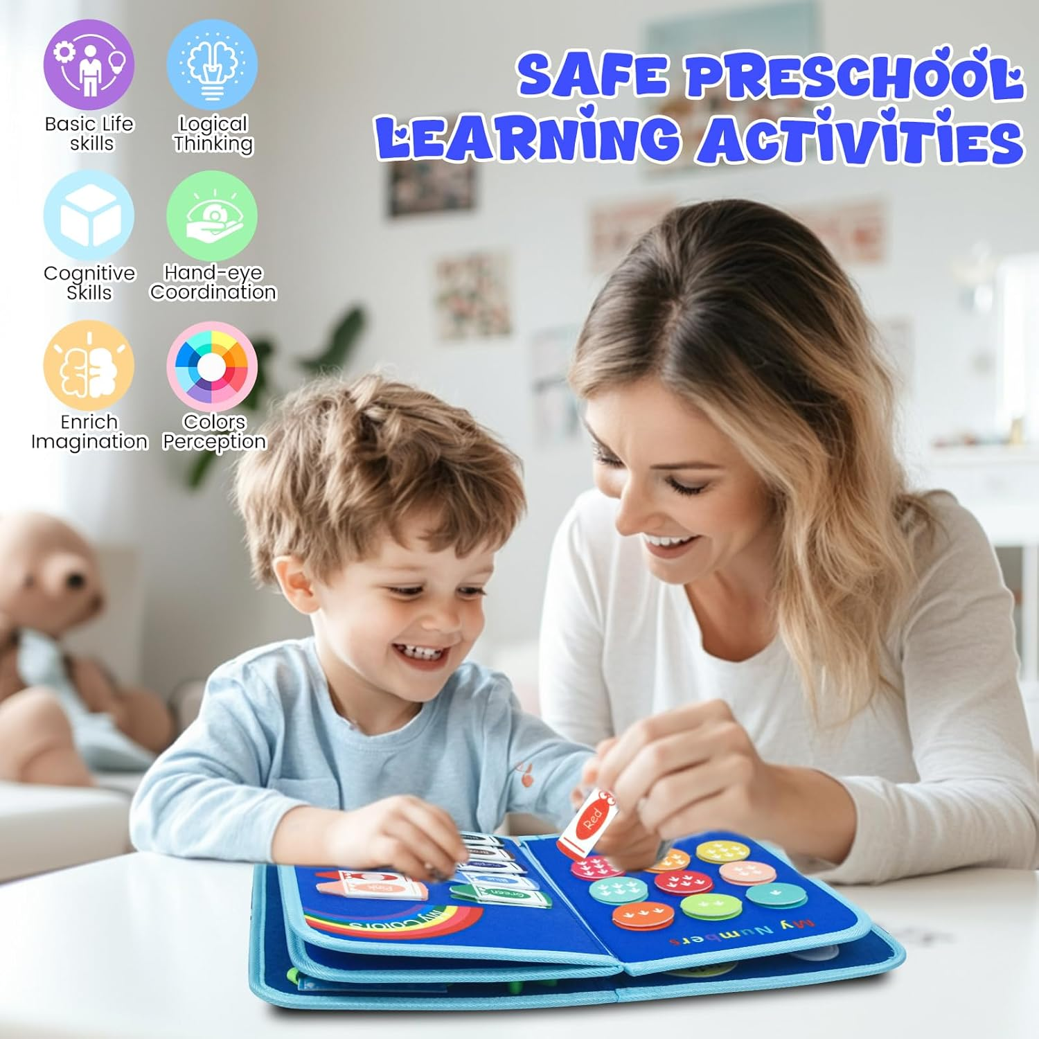 Ryzagin Toddler Busy Board Montessori Toys for Kids, Sensory Learning Toys for Fine Motor Skills, Travel Activity Book, Educational Boys & Girls, Birthday Present (Blue) - Purple image number 4