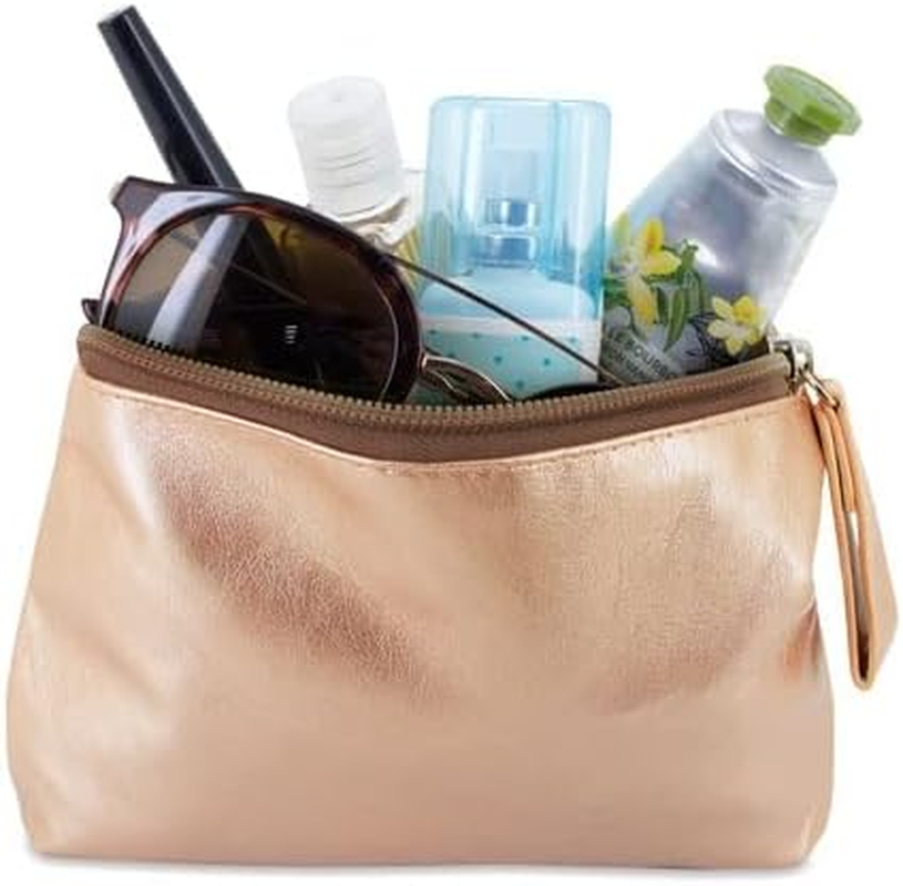 Women'S Faux Leather Toiletry Bag Metallic Finish with Zipper and Handle Cosmetic Bag for Travel - Golden Large image number 6