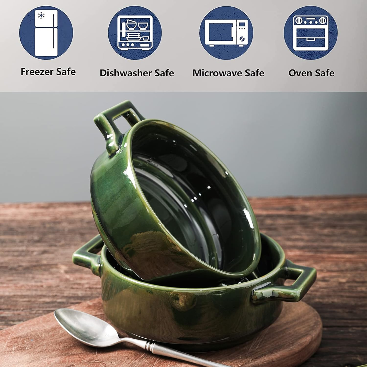 Vicrays Ceramic Soup Bowls with Handles, 24 Oz Porcelain Soup Crocks for French Onion Soup, Cereal, Beef Stew, Chill, Pasta, Pot Pies, Microwave and Oven Safe, Set of 4 (Green) image number 4