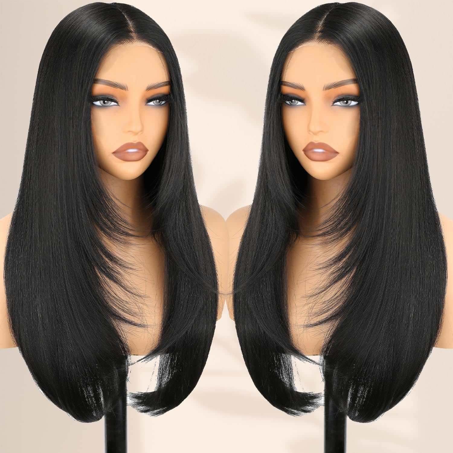 Glueless Synthetic Lace Front Wig 26 Inches Long Straight Black Wigs for Women 13X5X1 HD Lace Hand Tied Pre Plucked Hairline (Natural Black, 66 CM) image number 4