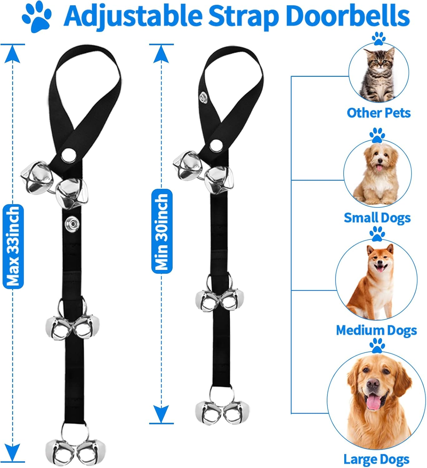 JIMEJV 2 Pack Dog Doorbells, Pet Training Bells for Go outside Potty Training and Communication Device Large Loud Dog Bell Cat Puppy Interactive Toys Adjustable Strap Door Bell