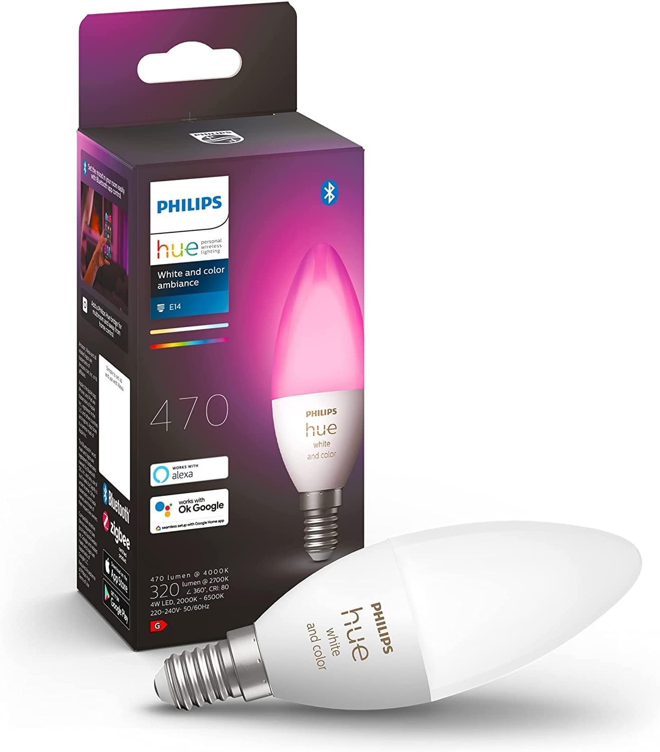 Philips Hue White and Colour Ambience 470 Lumens Candle Smart Bulb with E14 Fitting image number 4
