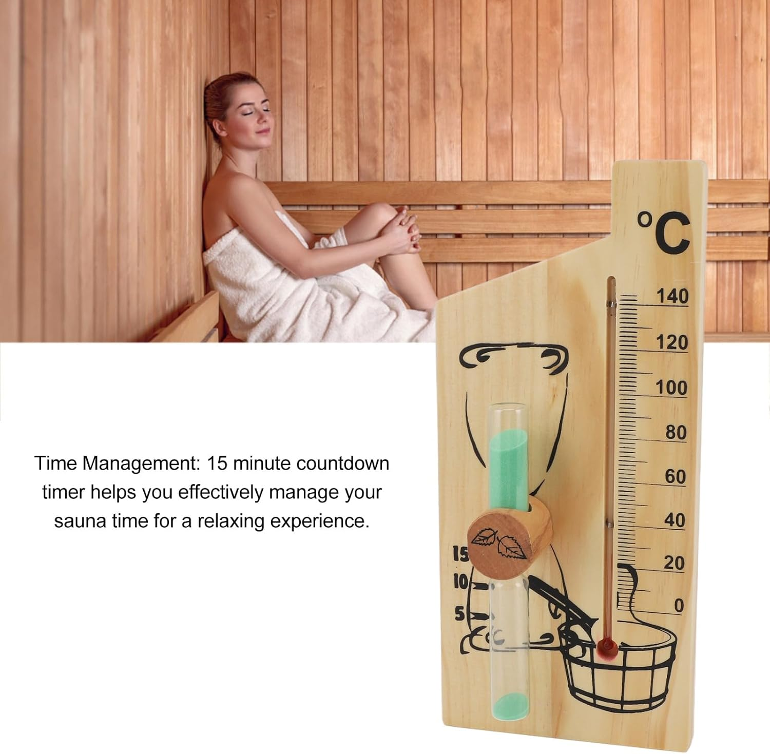 Sauna Thermometer Hourglass, Steam Room Sauna Thermometer and Hygrometer Golden Wooden Frame Double Table Wall Hanging Indoor Solid image number 4