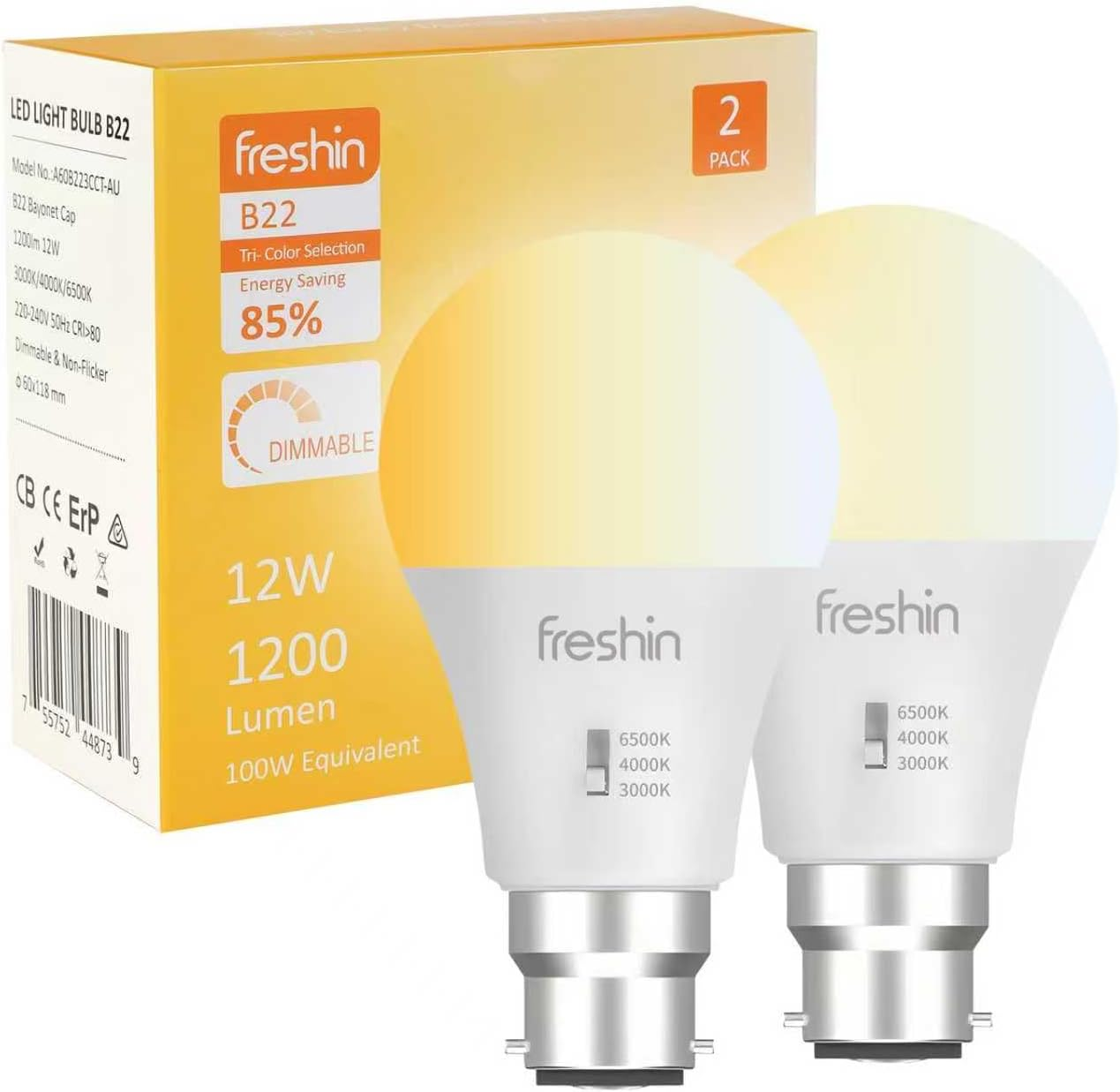 Tri-Colour LED Bulb FRESHIN B22 12W Dimmable 1200Lm Edison Screw, No Flicker Light Bulb, 3000K/4000K/6500K,3CCT Quick Manual Switch, CRI>80+, Energy Saving, RCM Certified (2) image number 6