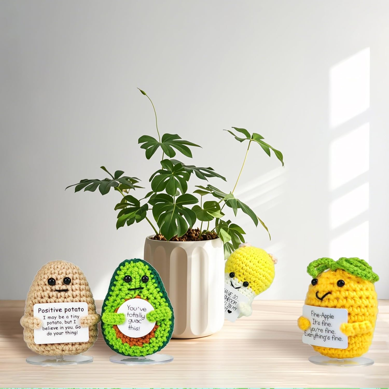 SZMDLX Positive Crochet Potato Mushroom Avocado Pineapple, 4PCS Emotional Inspirational Support Cute Stuff, Home Decoration, Funny Handmade Crochet with Positive Card, Encouragement Gifts for Friends
