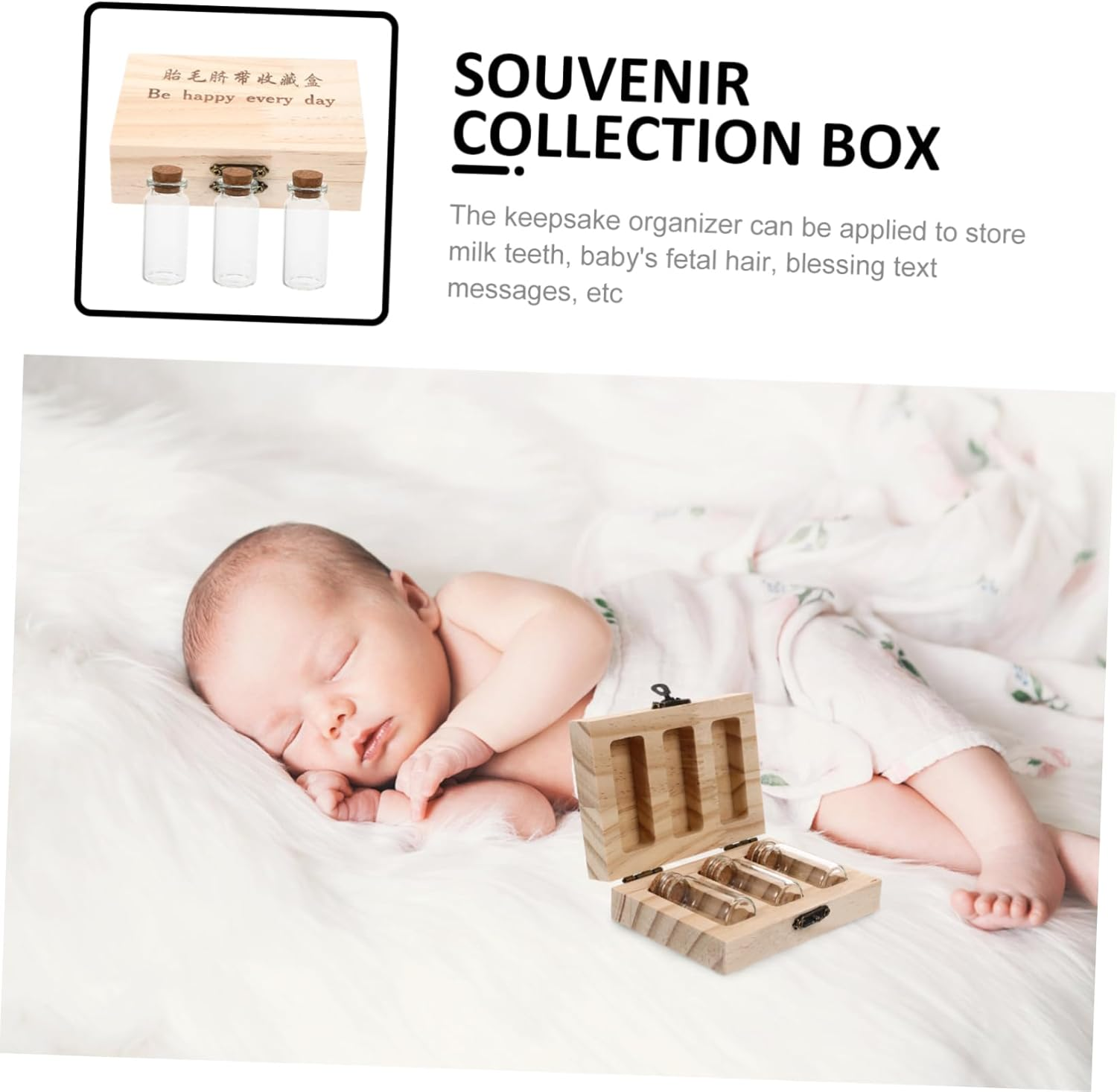 Wooden Storage Box for Teeth and Fetal Hair Preserving Souvenir Storage Bottle for First Haircut Keepsake image number 3