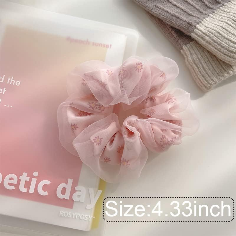 Daisy Scrunchies Hair Elastics for Women Girls Organza Hair Scrunchies with Daisy Flower Hair Rubber Bands for Thick Hair Styling Accessories 3 Pcs image number 3