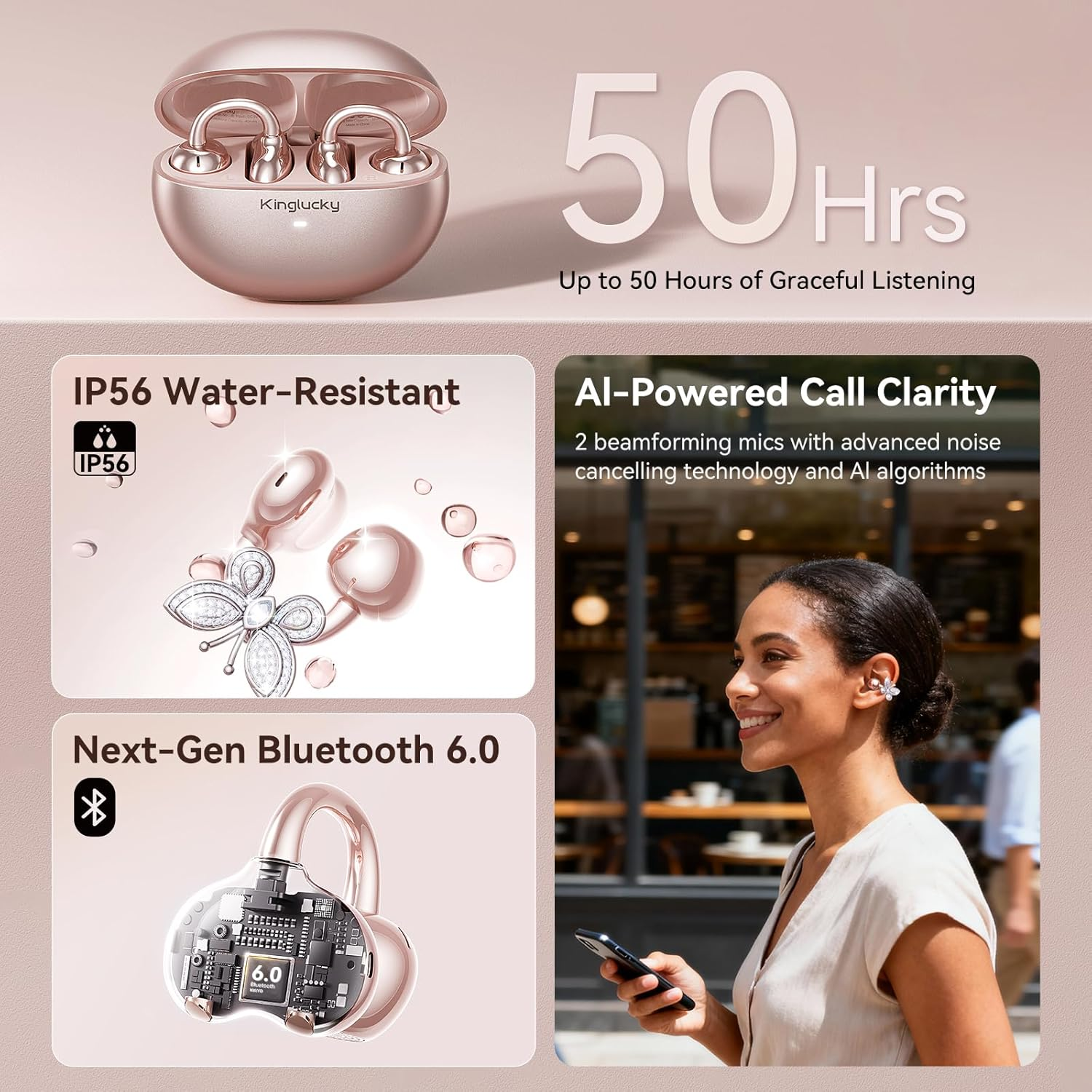 Kinglucky Stylish Open-Ear Clip-On Headphones with Detachable Earrings, Lightweight & Comfortable Fit, Fashionable Open-Ear Earbuds for Women, Ideal for Work, Running, and Daily Wear Pink (Butterfly) - Rose Gold image number 4