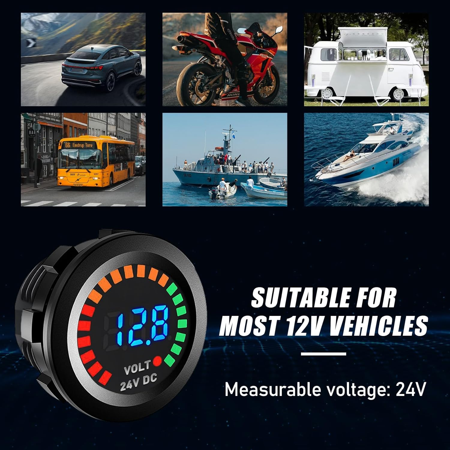 2 PCS Waterproof Voltmeter for Car, DC 12V LED Digital Display Voltage Gauge with Terminals, Universal round Panel Vehicle Battery Voltage Tester for Car Motorcycle Boat image number 3